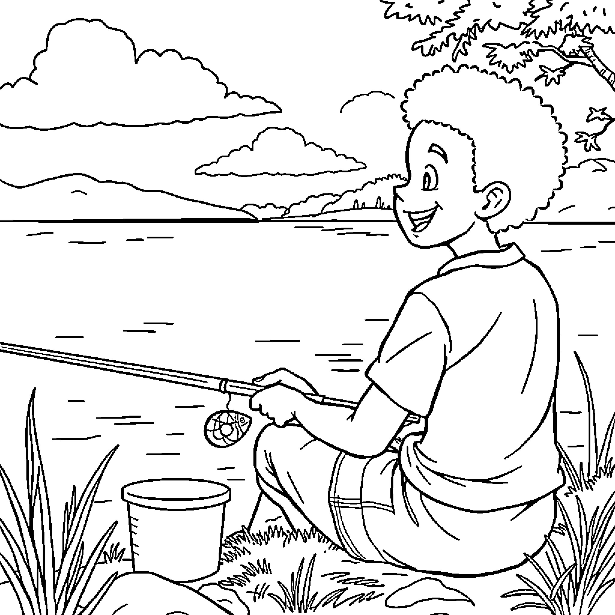 Man fishing happily by the lake Coloring Page (free black-and-white line drawing printable PDF for all, from beginners to advanced learners, including children, teens, adults, and seniors)