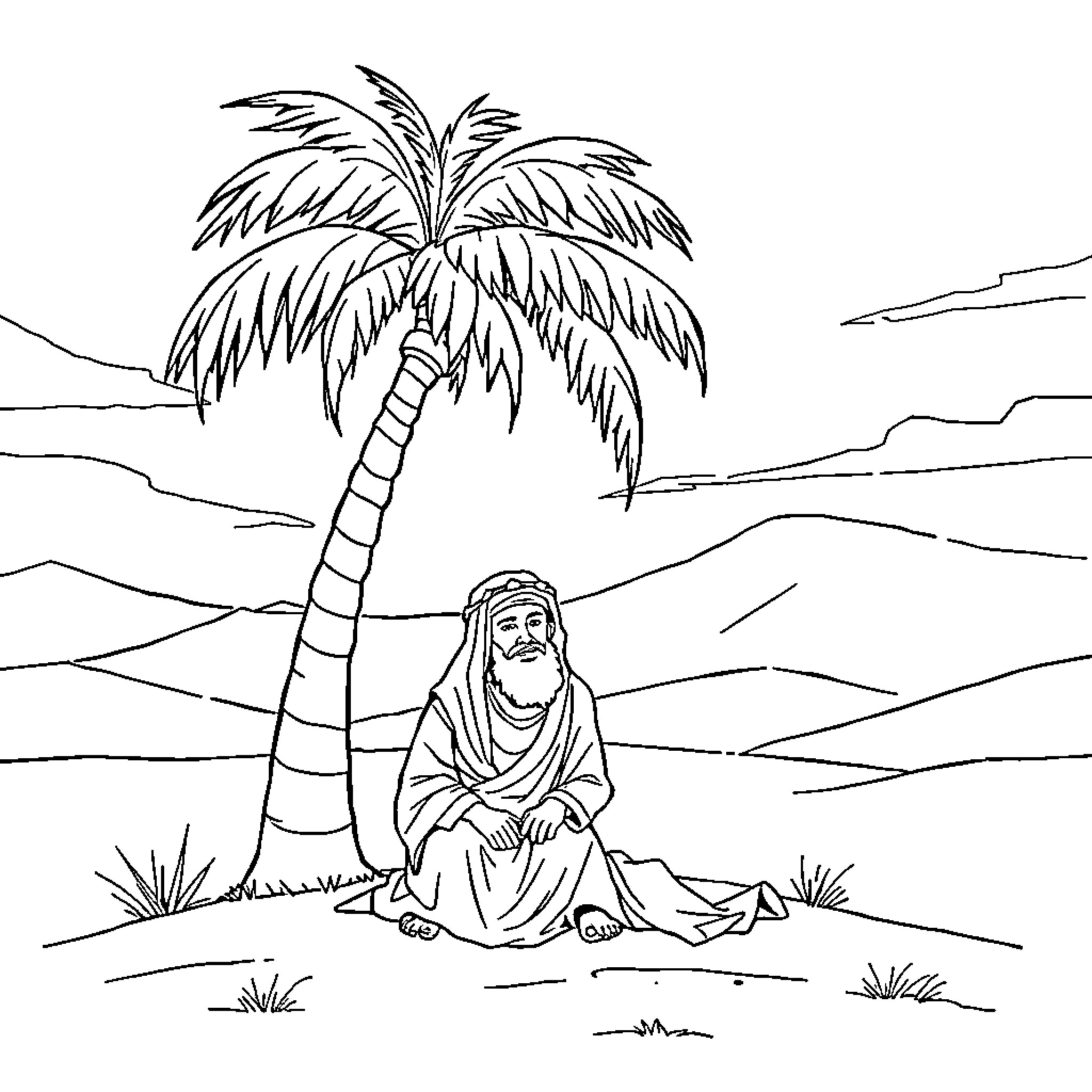 Hagar resting under a palm tree in the desert Coloring Page (free black-and-white line drawing printable PDF for all, from beginners to advanced learners, including children, teens, adults, and seniors)