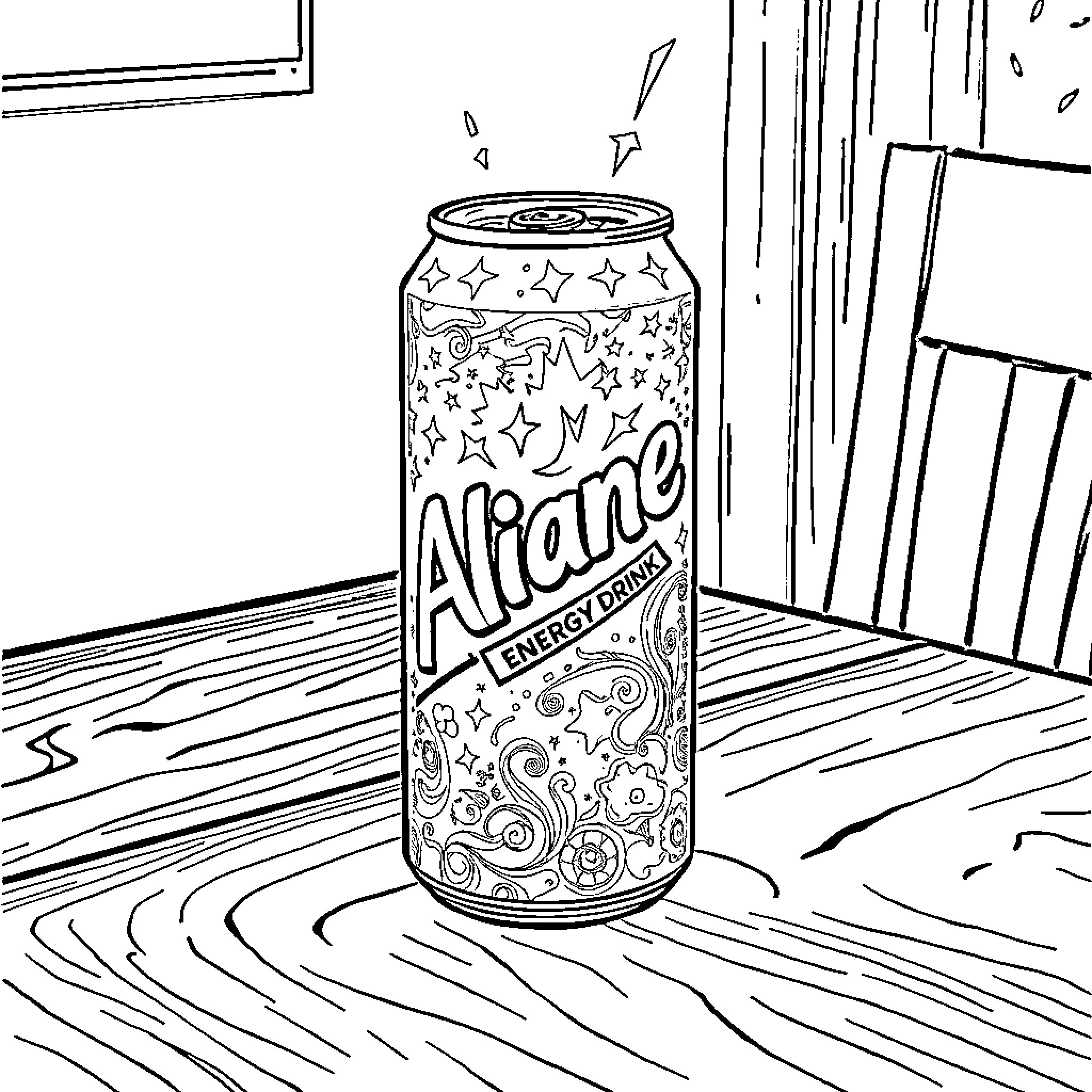 Energy Drink with Playful Patterns and Designs Coloring Page (free black-and-white line drawing printable PDF for all, from beginners to advanced learners, including children, teens, adults, and seniors)