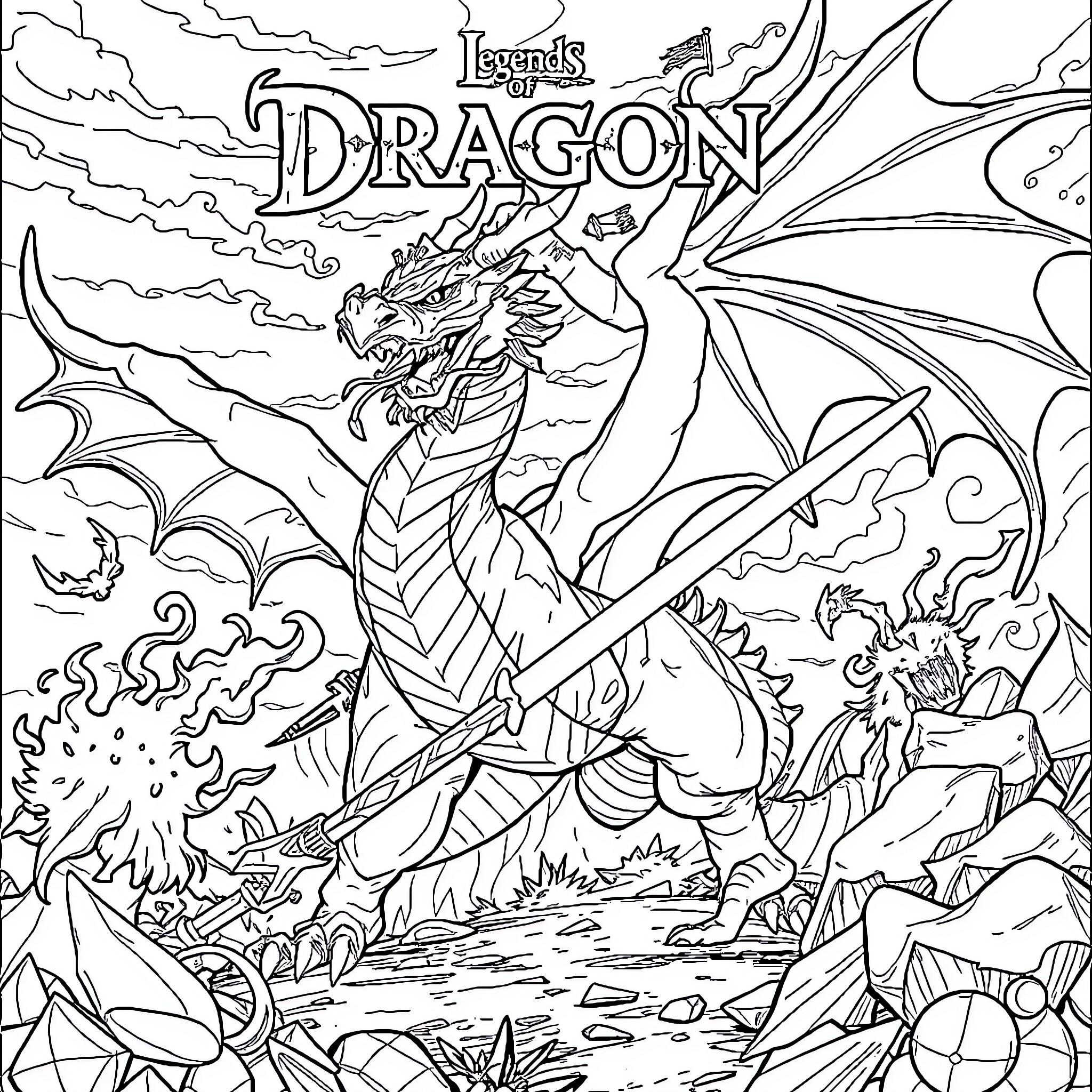 Legend of Dragoon: Epic Dragon Battle Scene Coloring Page (free black-and-white line drawing printable PDF for all, from beginners to advanced learners, including children, teens, adults, and seniors)