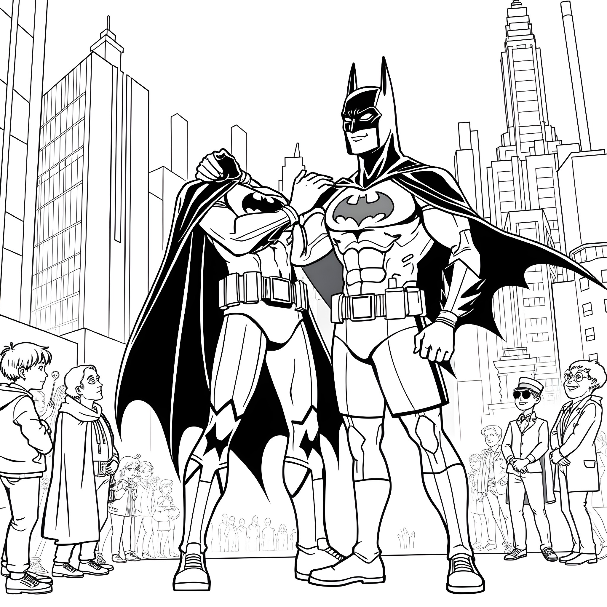 Ronaldo the Batman and his sidekick in the city Coloring Page (free black-and-white line drawing printable PDF for all, from beginners to advanced learners, including children, teens, adults, and seniors)