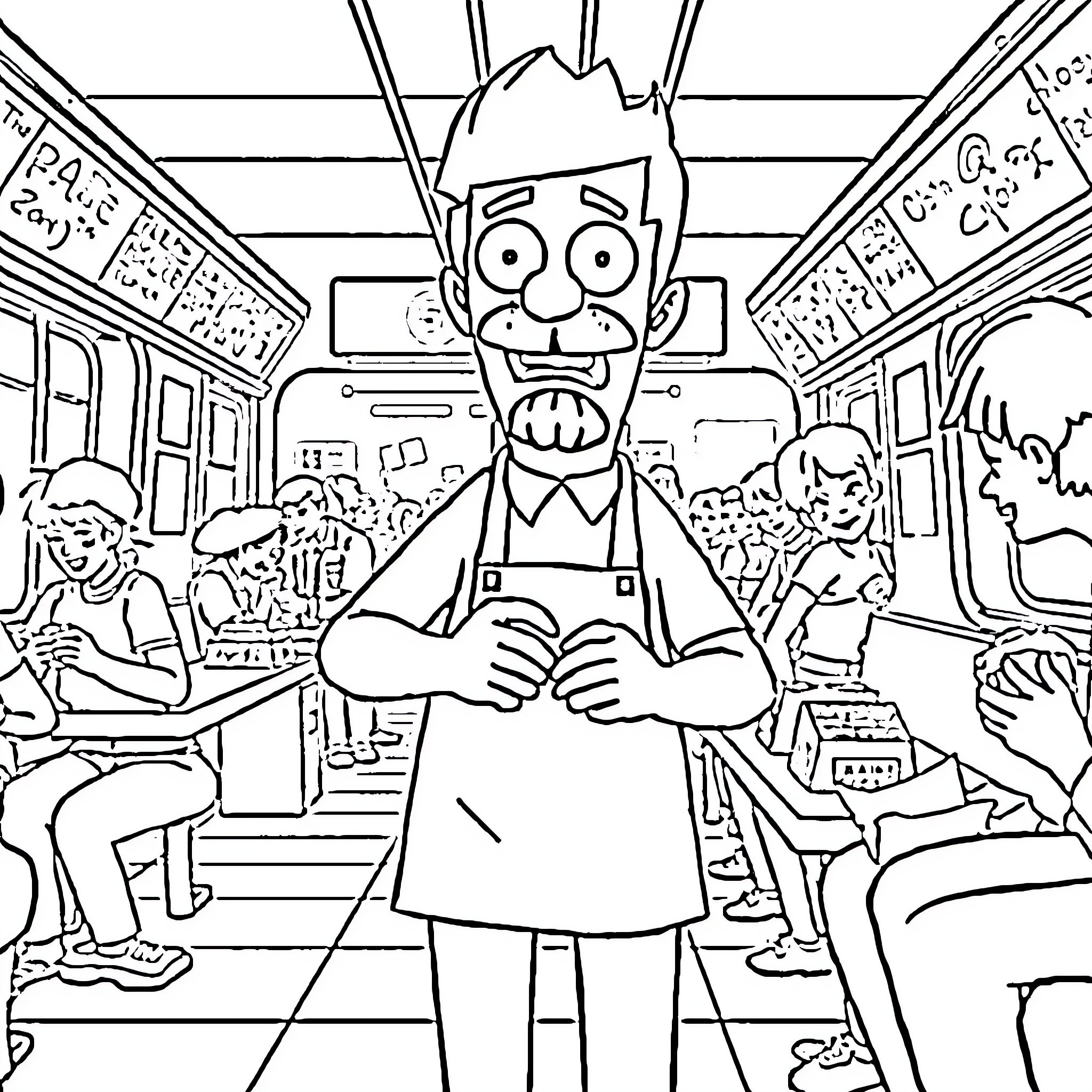 Bob's Crazy Commute on the Crowded Train Coloring Page (free black-and-white line drawing printable PDF for all, from beginners to advanced learners, including children, teens, adults, and seniors)