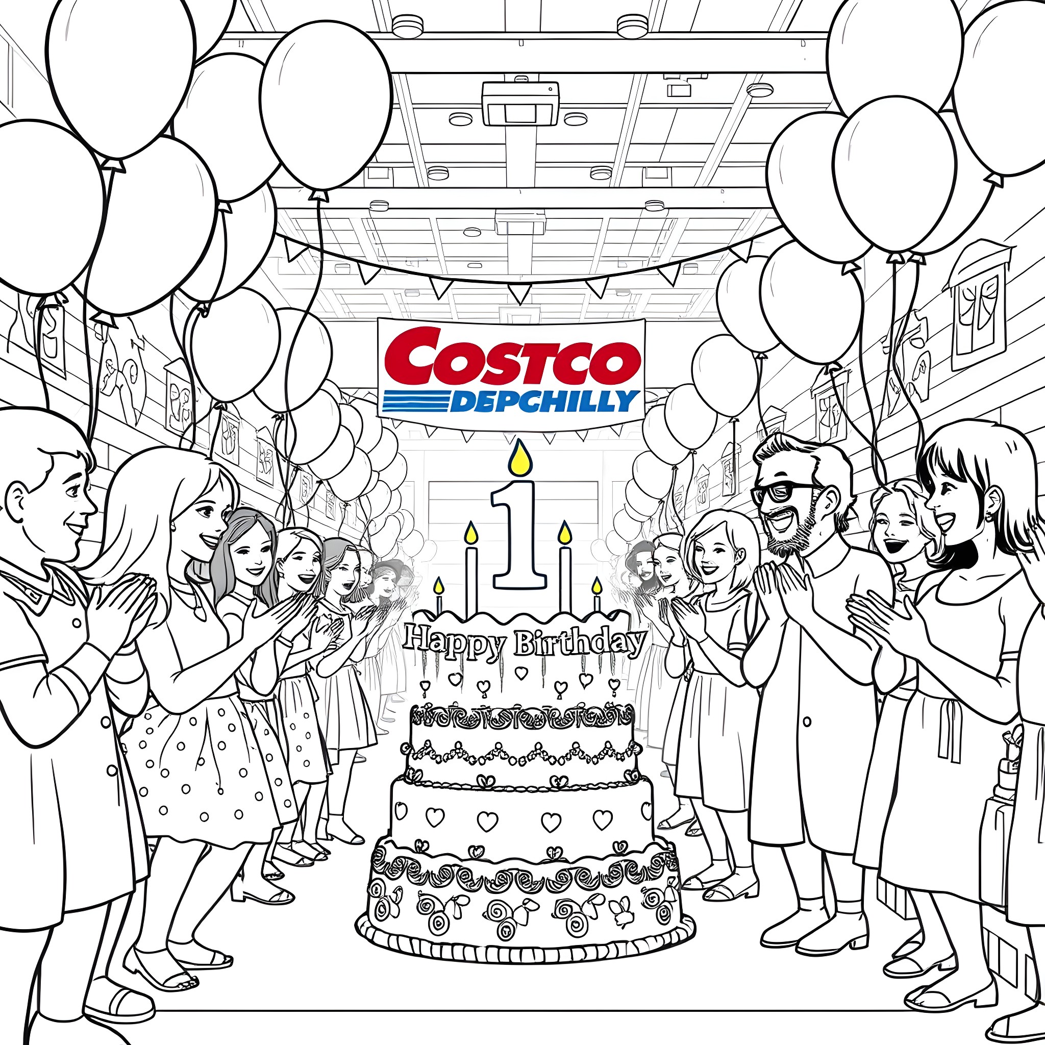Baby's Birthday Party at Costco Coloring Page (free black-and-white line drawing printable PDF for all, from beginners to advanced learners, including children, teens, adults, and seniors)