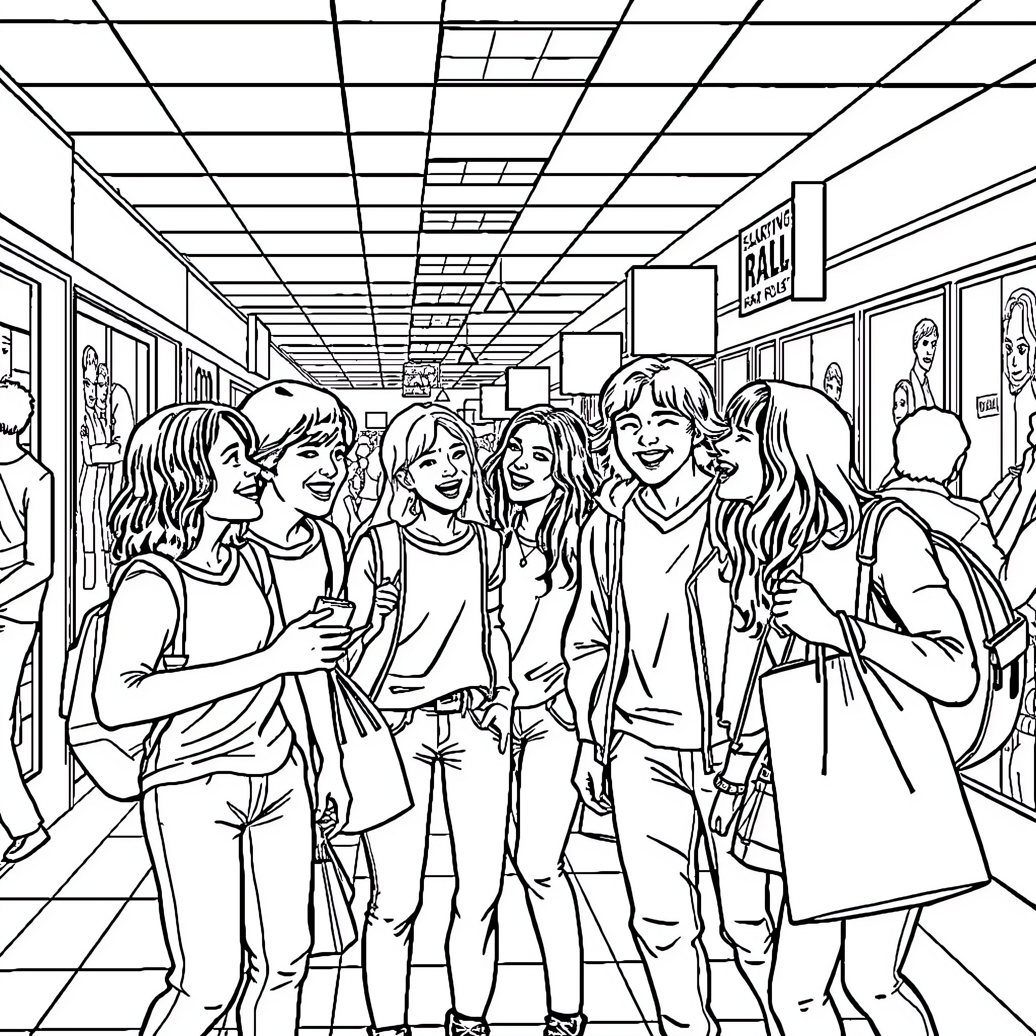Stranger Things: Group of friends exploring the school hallway Coloring Page (free black-and-white line drawing printable PDF for all, from beginners to advanced learners, including children, teens, adults, and seniors)