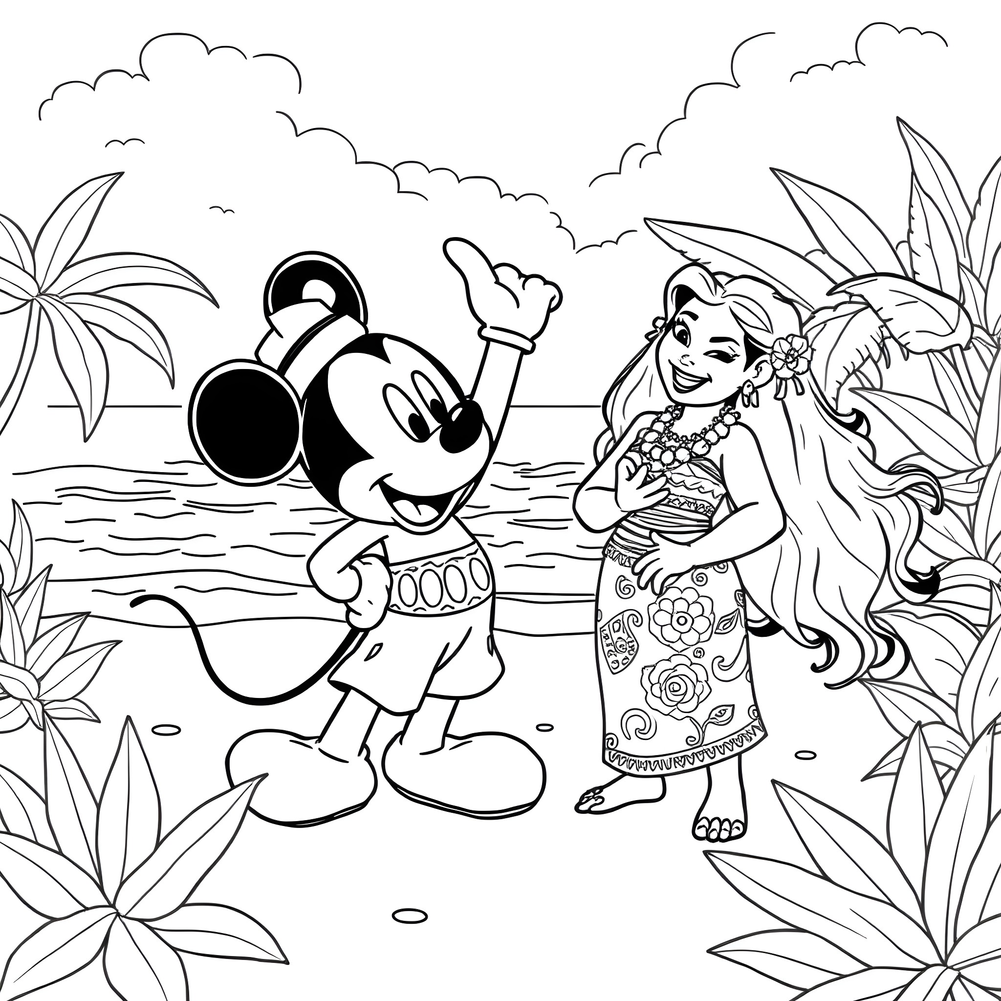 Mickey Mouse enjoying a tropical adventure with a friend Coloring Page (free black-and-white line drawing printable PDF for all, from beginners to advanced learners, including children, teens, adults, and seniors)