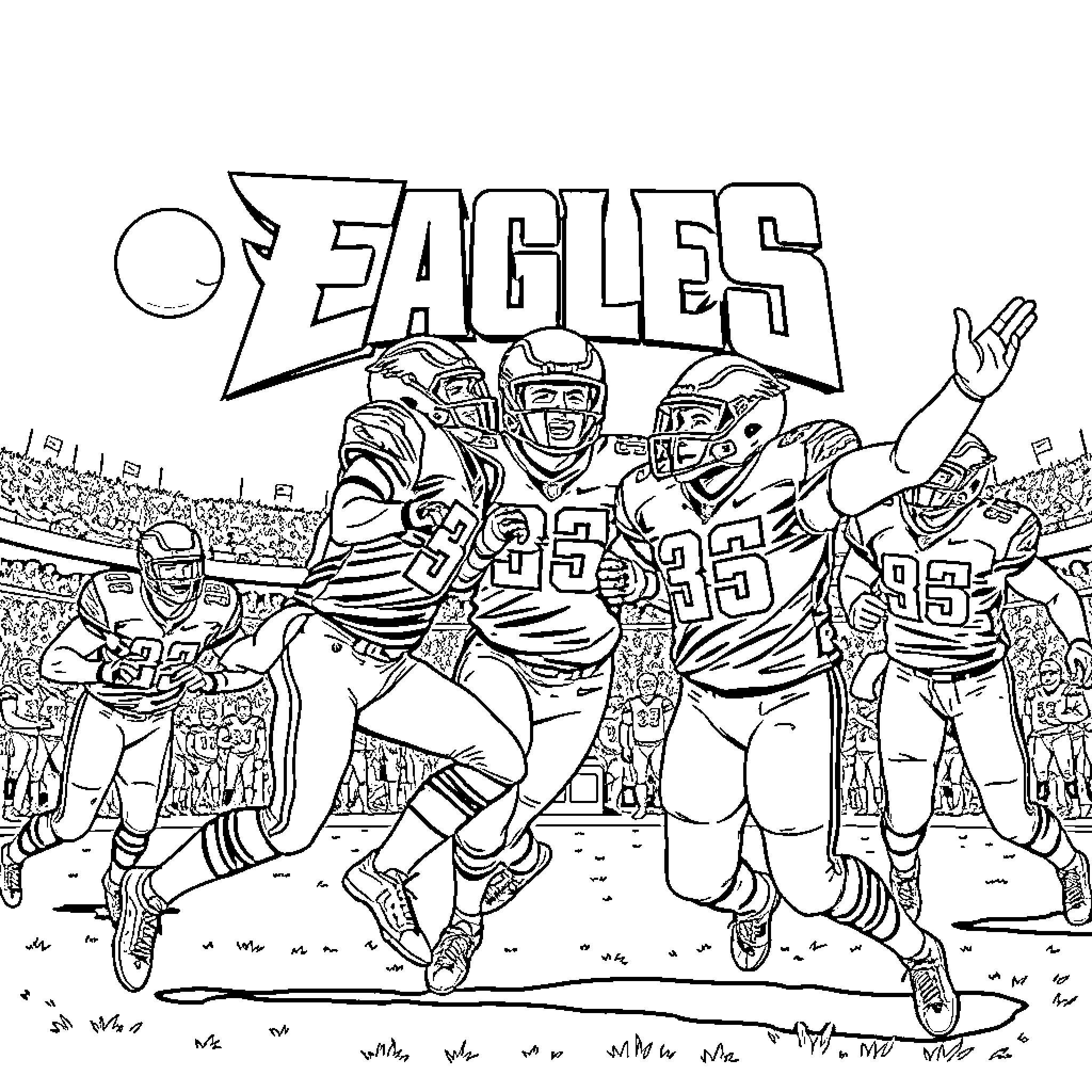 Eagles Football Team Players in Action Coloring Page (free black-and-white line drawing printable PDF for all, from beginners to advanced learners, including children, teens, adults, and seniors)