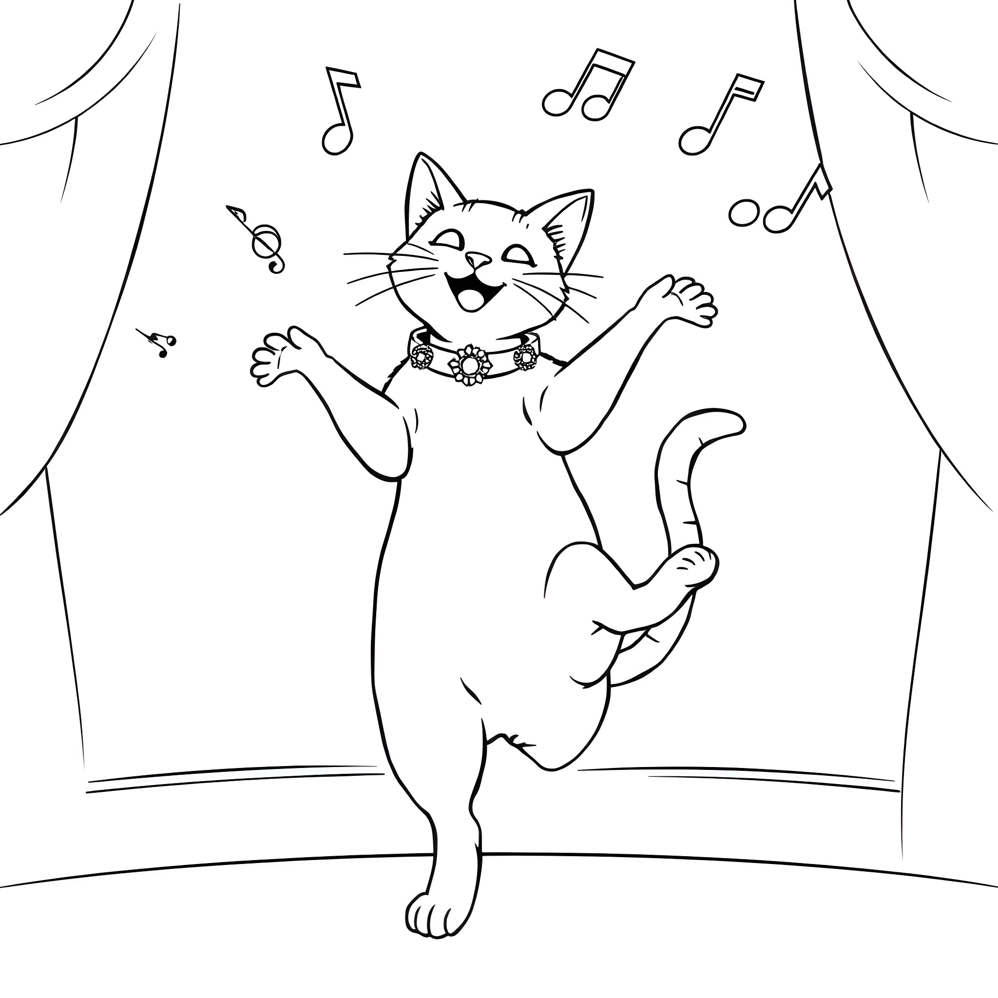 Cat dancing happily on stage with music notes Coloring Page (free black-and-white line drawing printable PDF for all, from beginners to advanced learners, including children, teens, adults, and seniors)