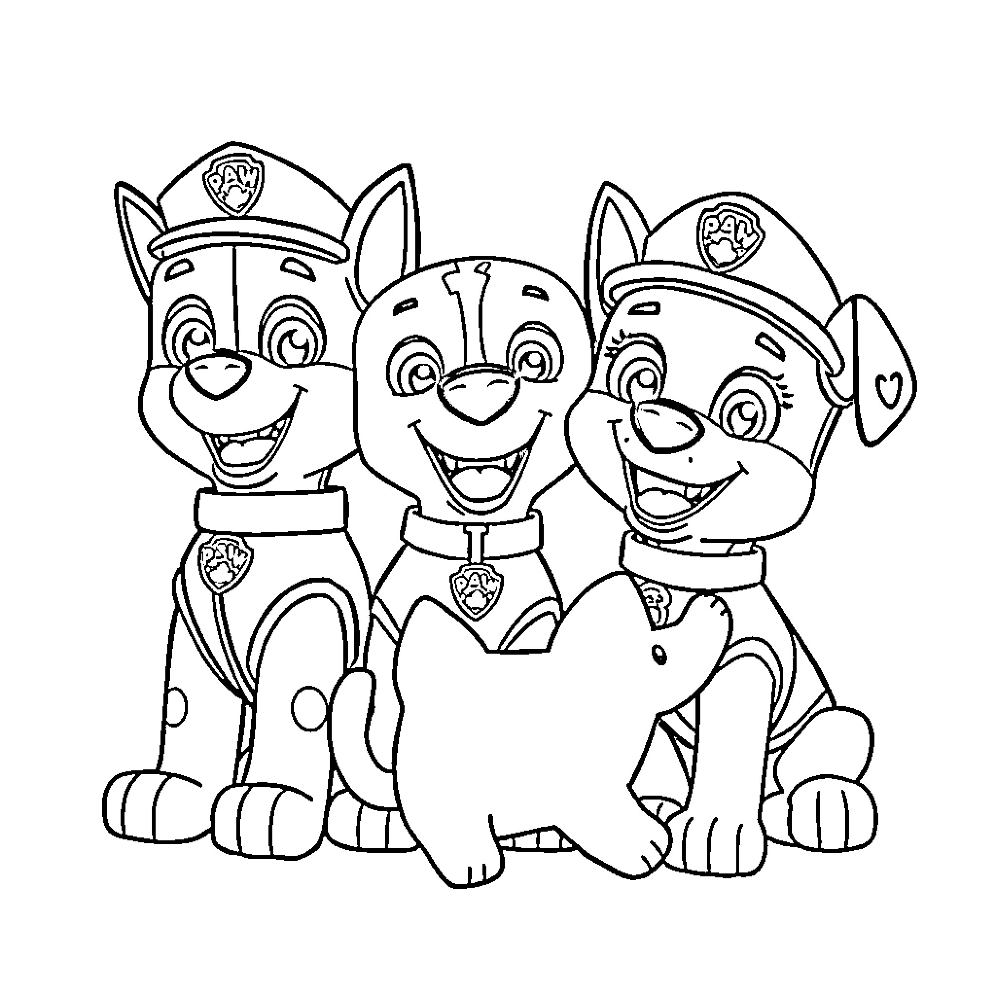Paw Patrol Puppies Smiling and Wearing Uniforms Coloring Page (free black-and-white line drawing printable PDF for all, from beginners to advanced learners, including children, teens, adults, and seniors)