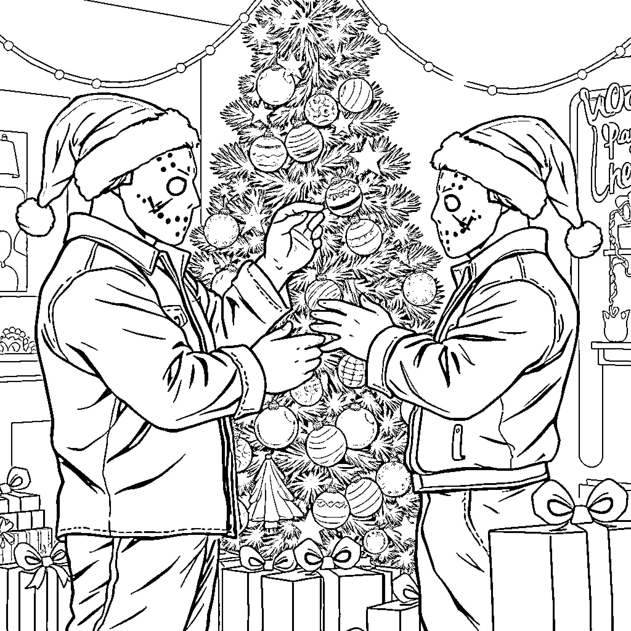 Jason Voorhees Enjoying Christmas with Snowman Friend Coloring Page (free black-and-white line drawing printable PDF for all, from beginners to advanced learners, including children, teens, adults, and seniors)