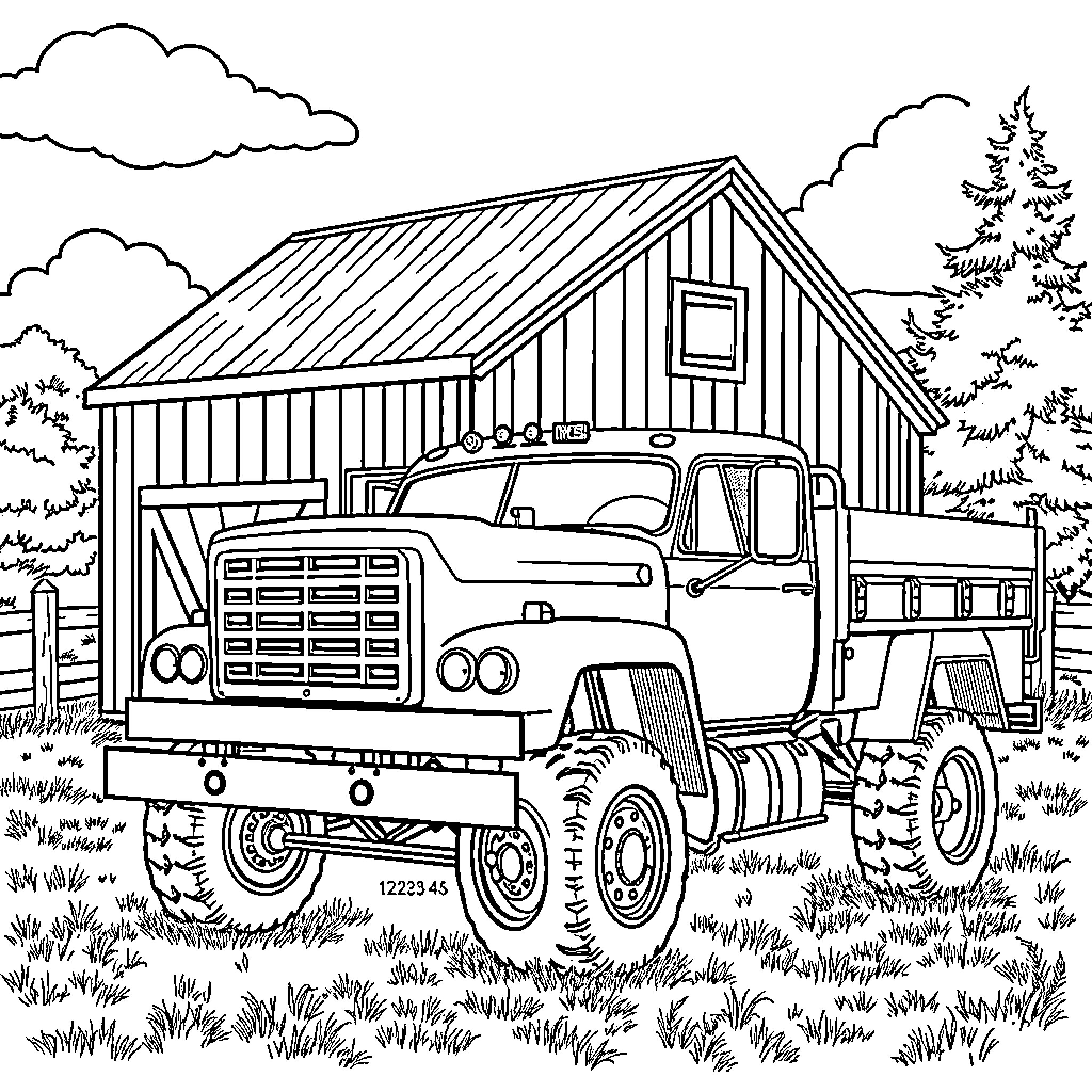 Truck Hauling Supplies in Rural Landscape Coloring Page (free black-and-white line drawing printable PDF for all, from beginners to advanced learners, including children, teens, adults, and seniors)