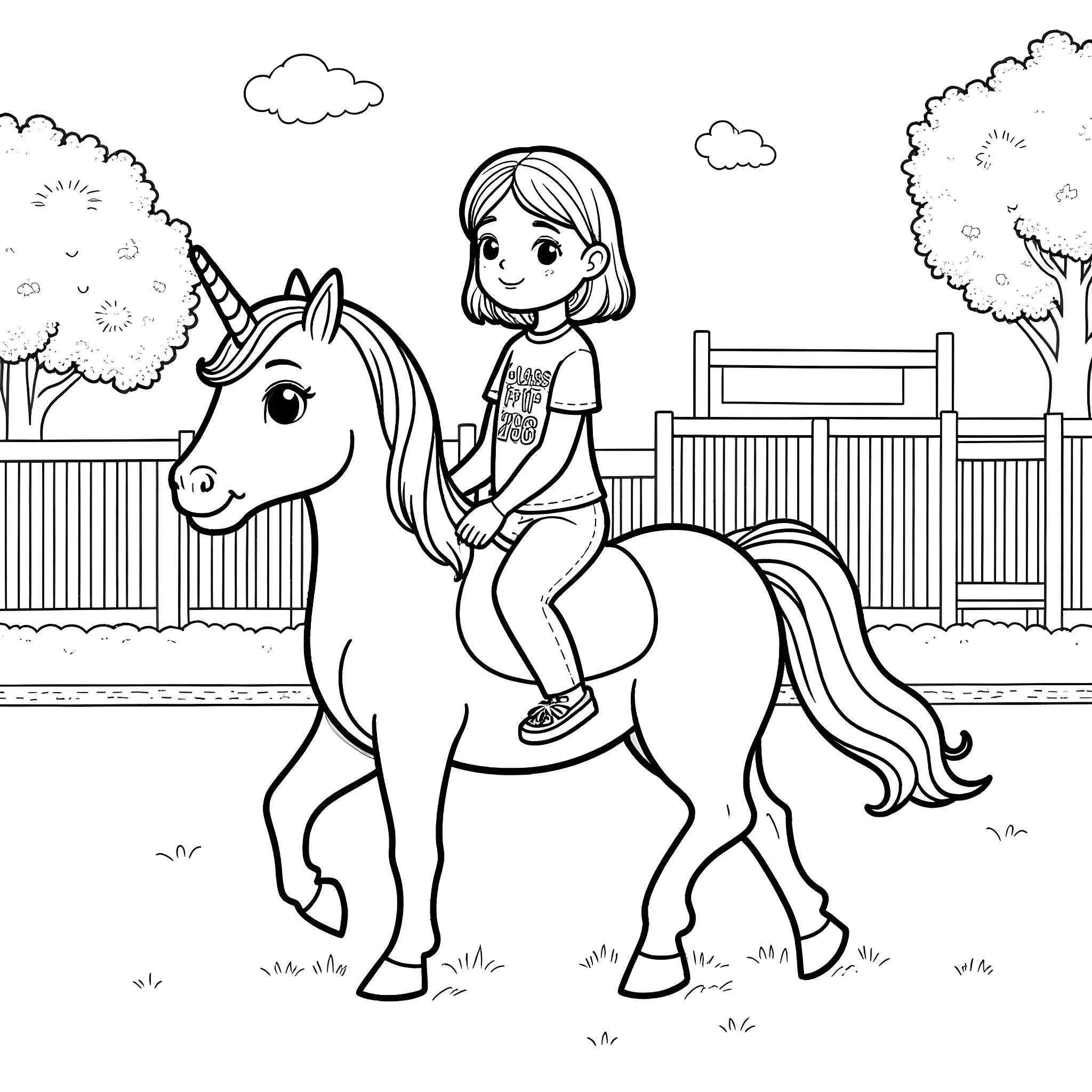 Daughter riding a unicorn in a park Coloring Page (free black-and-white line drawing printable PDF for all, from beginners to advanced learners, including children, teens, adults, and seniors)