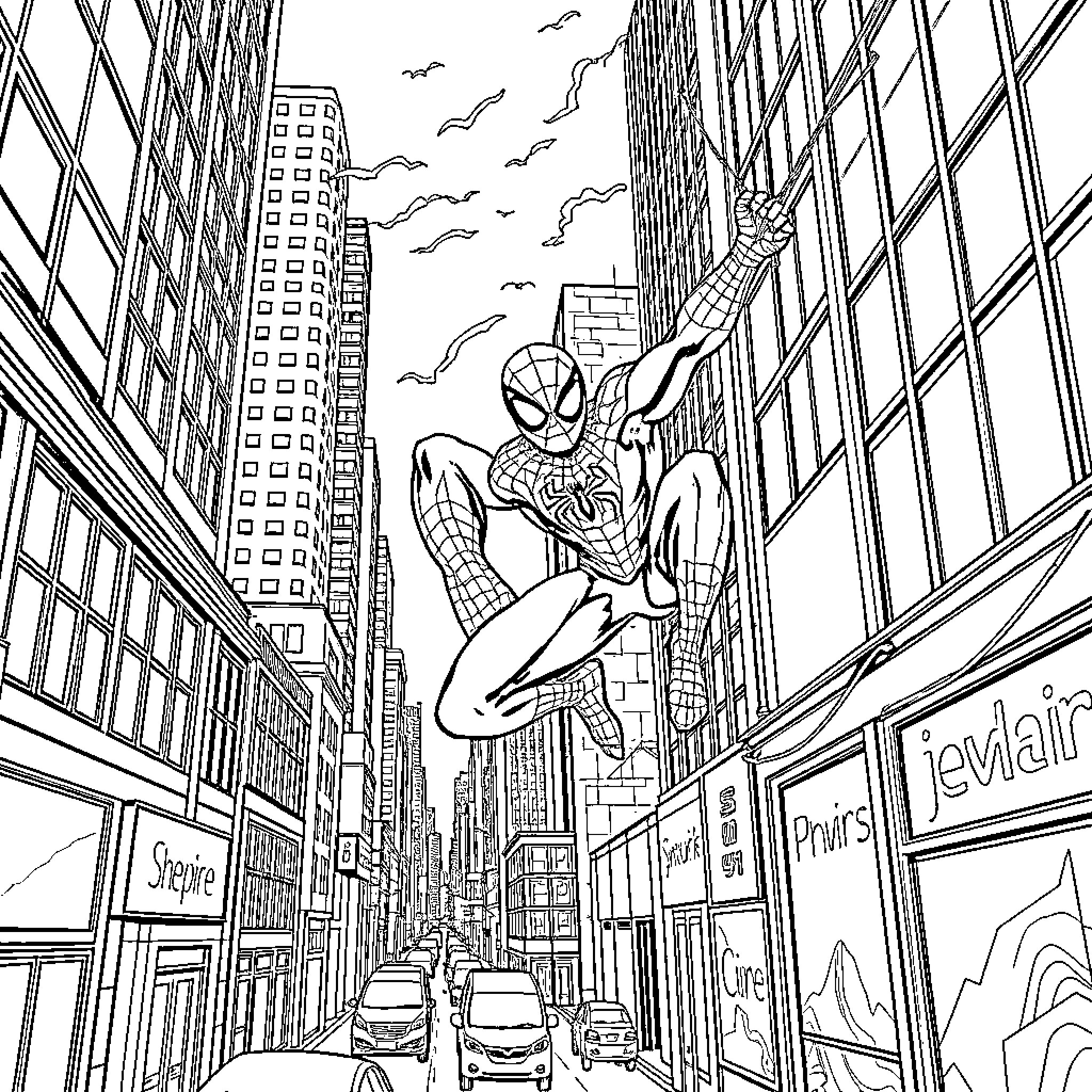 Spiderman swinging through a bustling city skyline Coloring Page (free black-and-white line drawing printable PDF for all, from beginners to advanced learners, including children, teens, adults, and seniors)