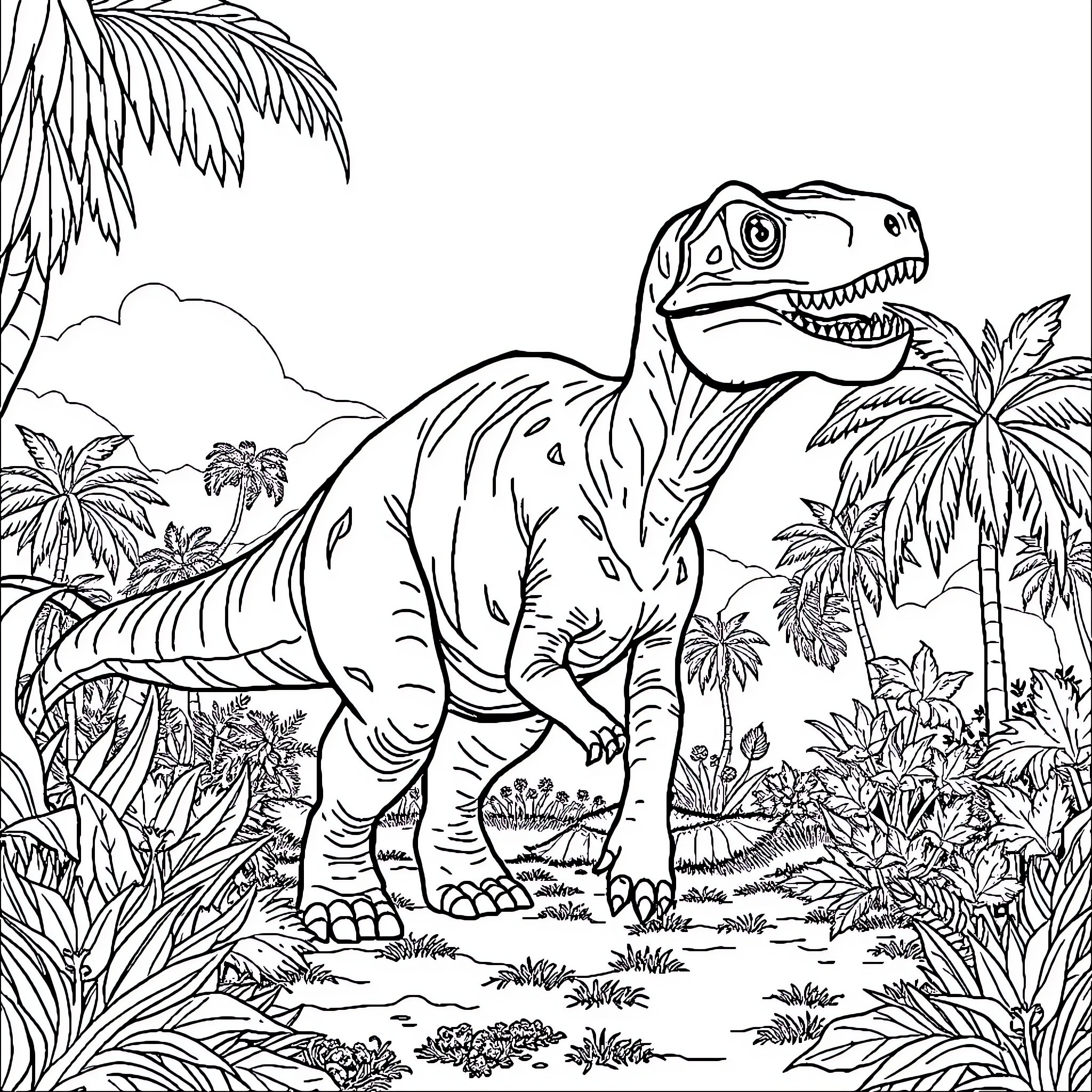 Dinosaur roaming a lush prehistoric landscape Coloring Page (free black-and-white line drawing printable PDF for all, from beginners to advanced learners, including children, teens, adults, and seniors)