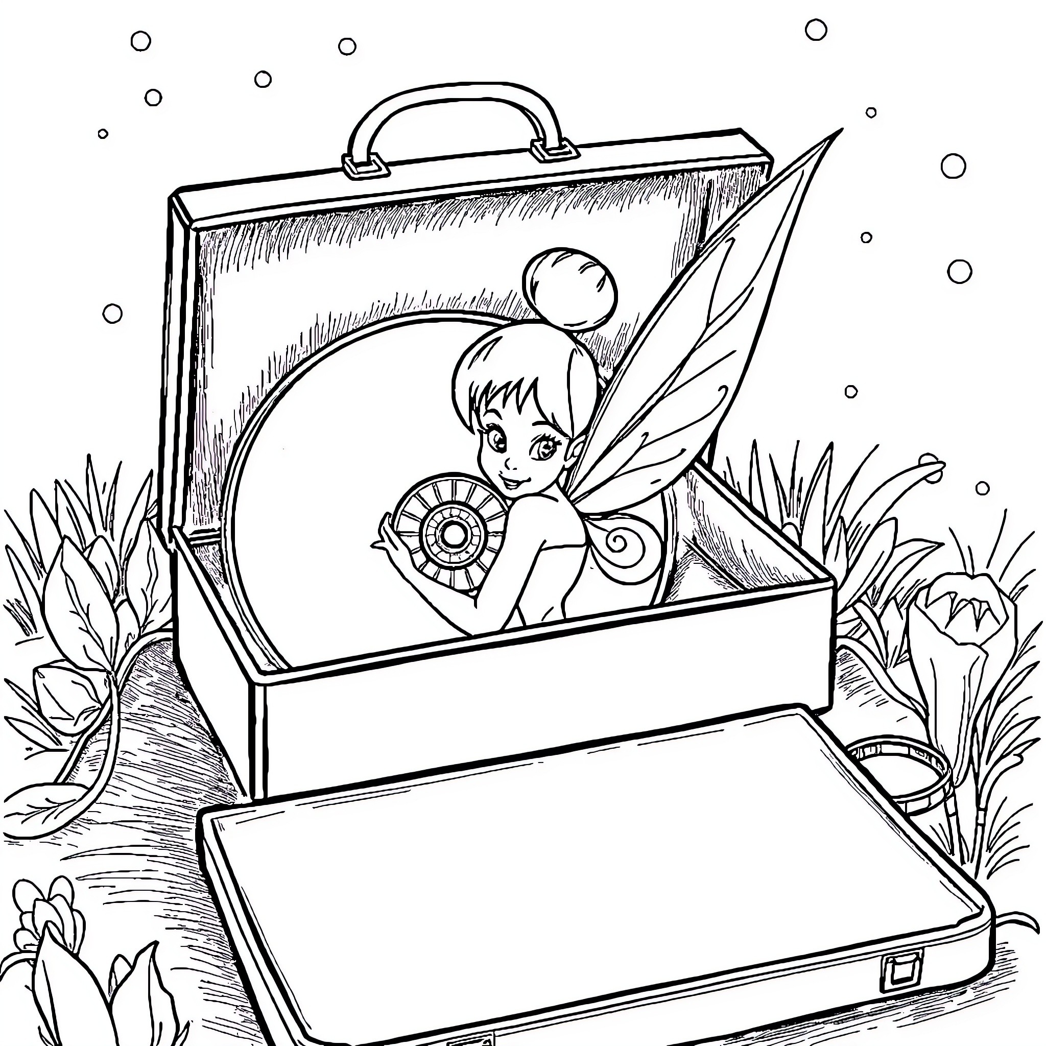Tinkerbell exploring a magical suitcase Coloring Page (free black-and-white line drawing printable PDF for all, from beginners to advanced learners, including children, teens, adults, and seniors)