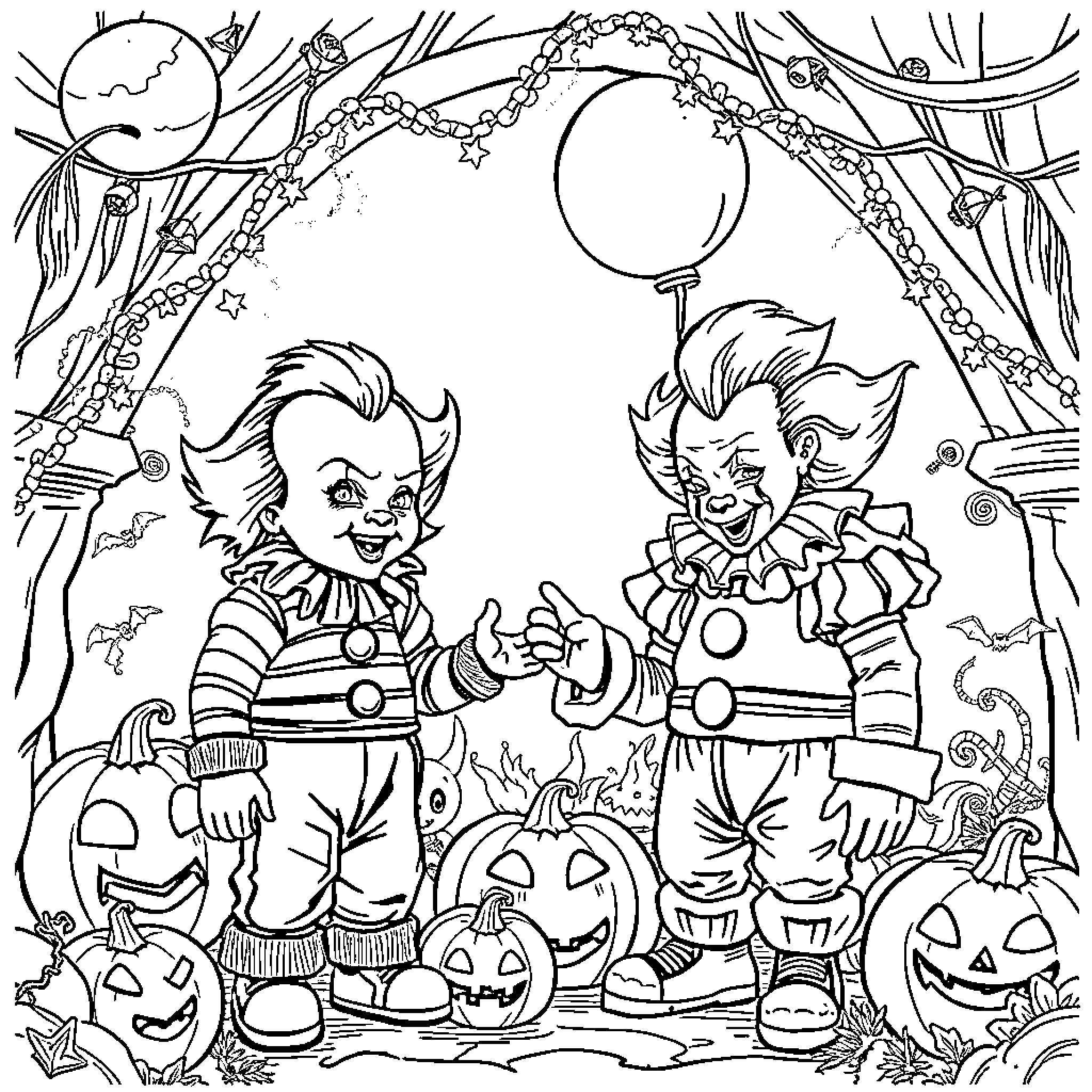 Chucky and Pennywise trick-or-treating in spooky Halloween scene Coloring Page (free black-and-white line drawing printable PDF for all, from beginners to advanced learners, including children, teens, adults, and seniors)