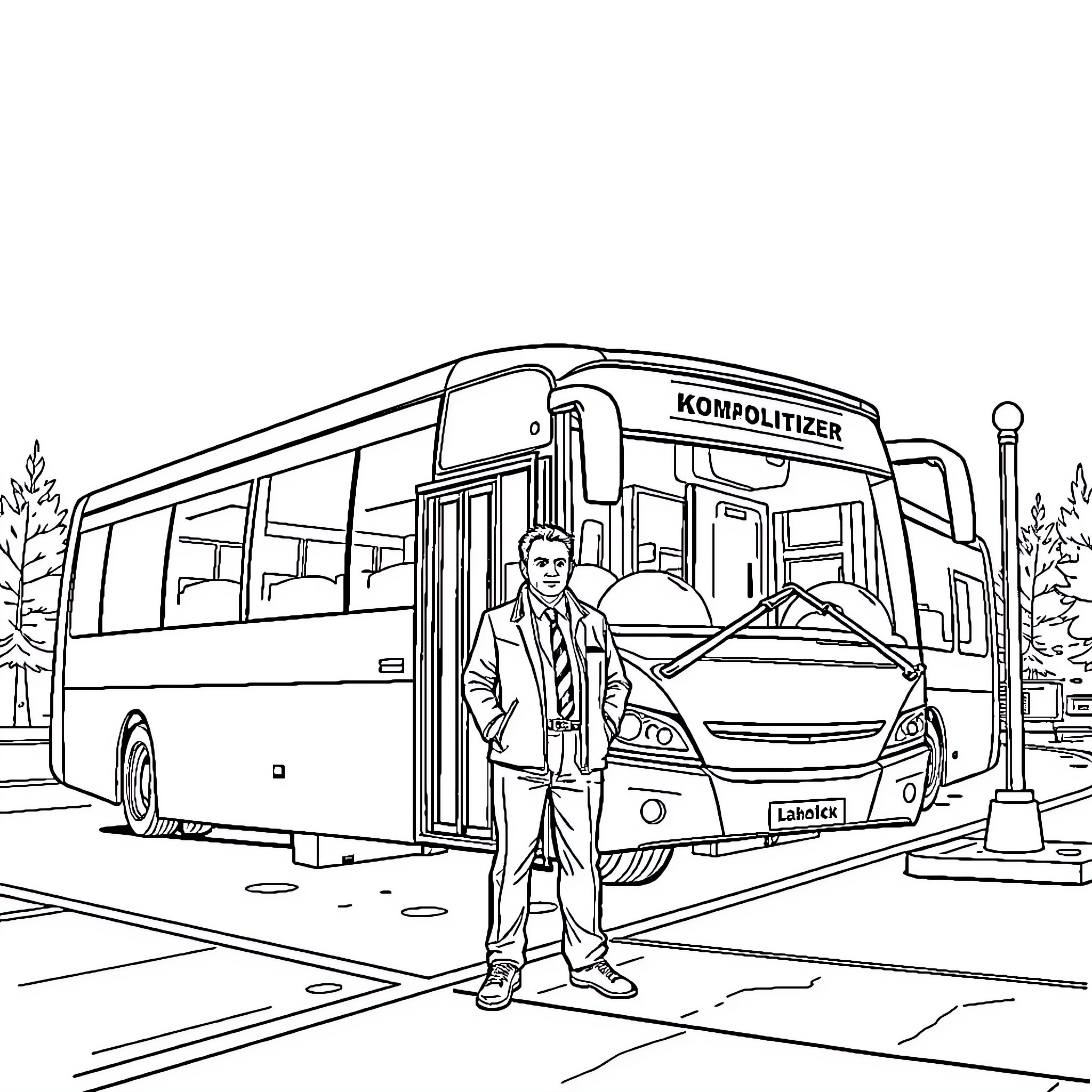 Politician standing next to a public transportation bus Coloring Page (free black-and-white line drawing printable PDF for all, from beginners to advanced learners, including children, teens, adults, and seniors)