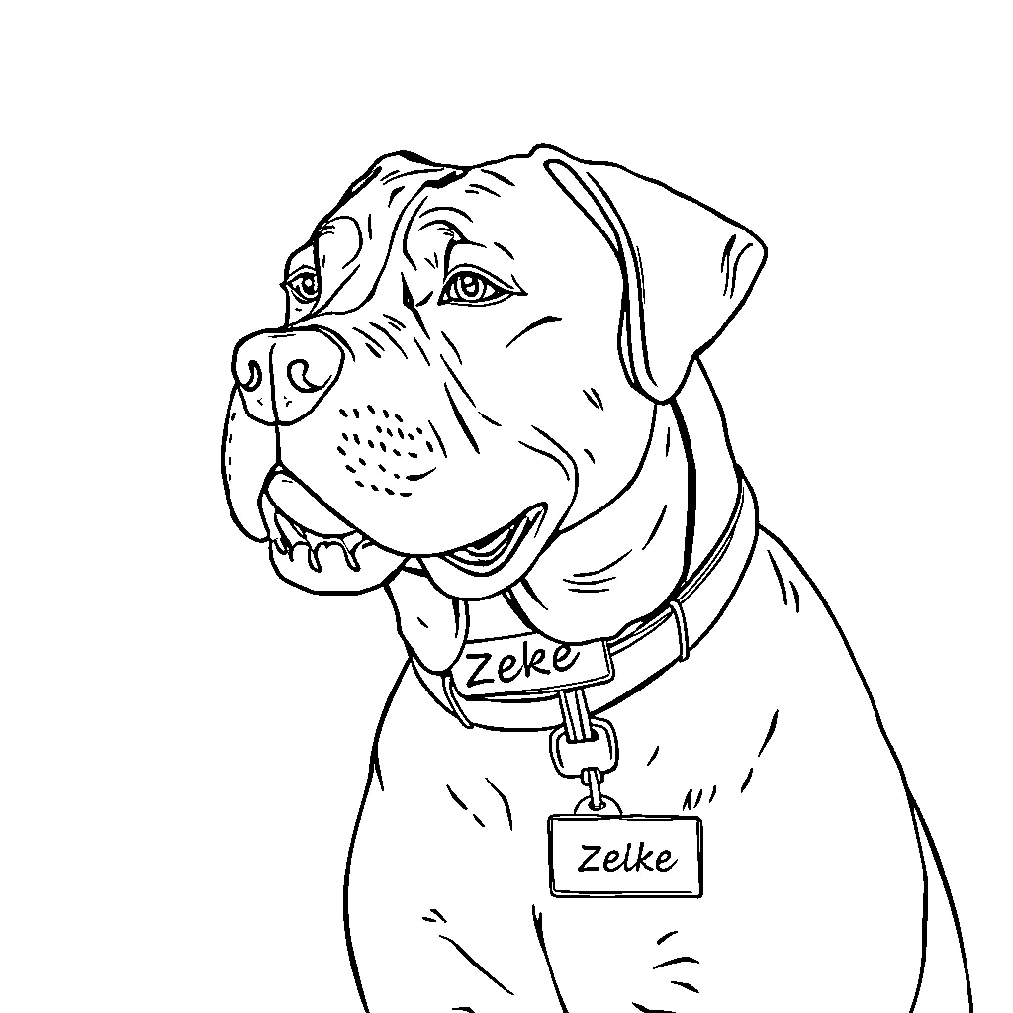 Dog with collar and tag in outline drawing Coloring Page (free black-and-white line drawing printable PDF for all, from beginners to advanced learners, including children, teens, adults, and seniors)