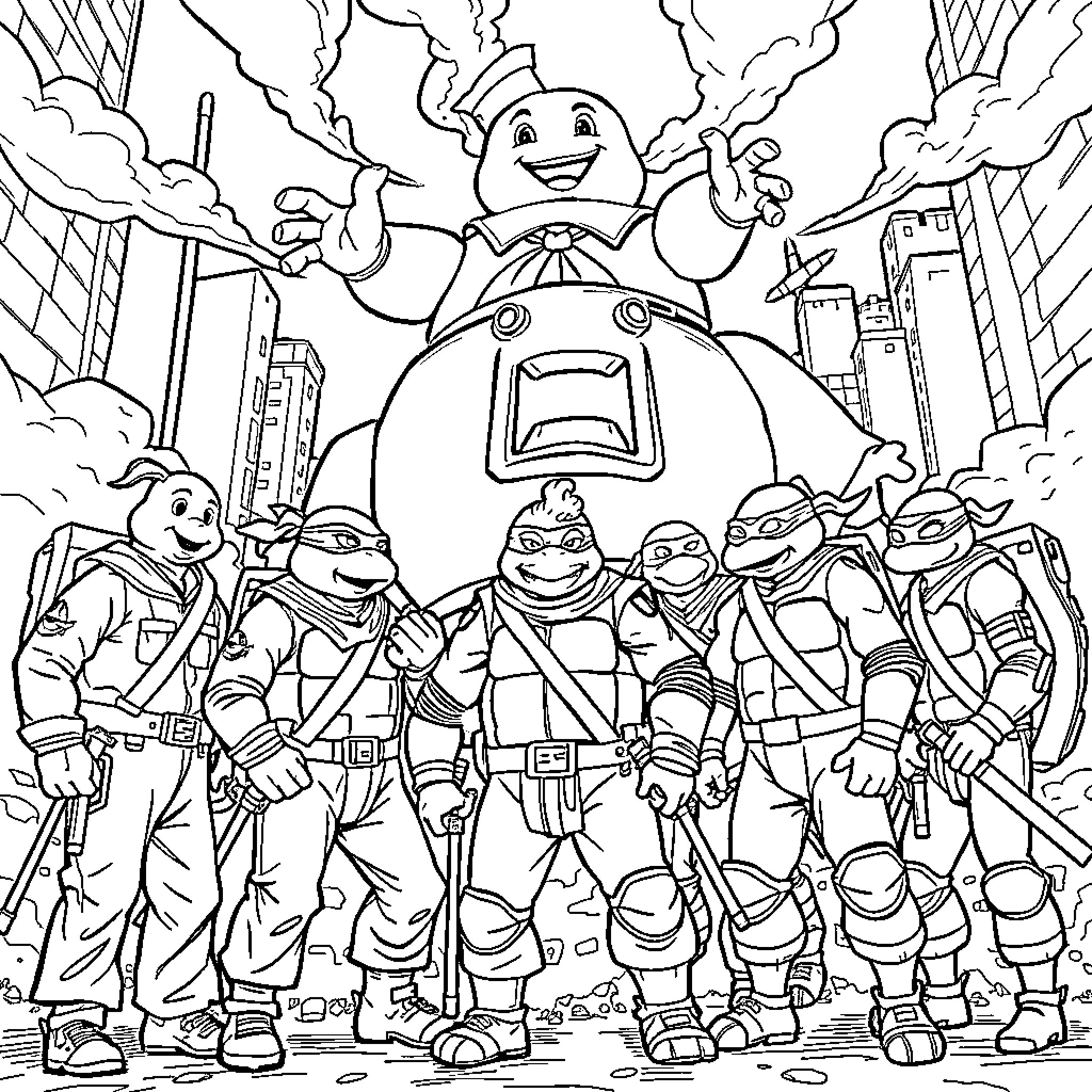 Ghostbusters fighting supernatural entities in the city Coloring Page (free black-and-white line drawing printable PDF for all, from beginners to advanced learners, including children, teens, adults, and seniors)