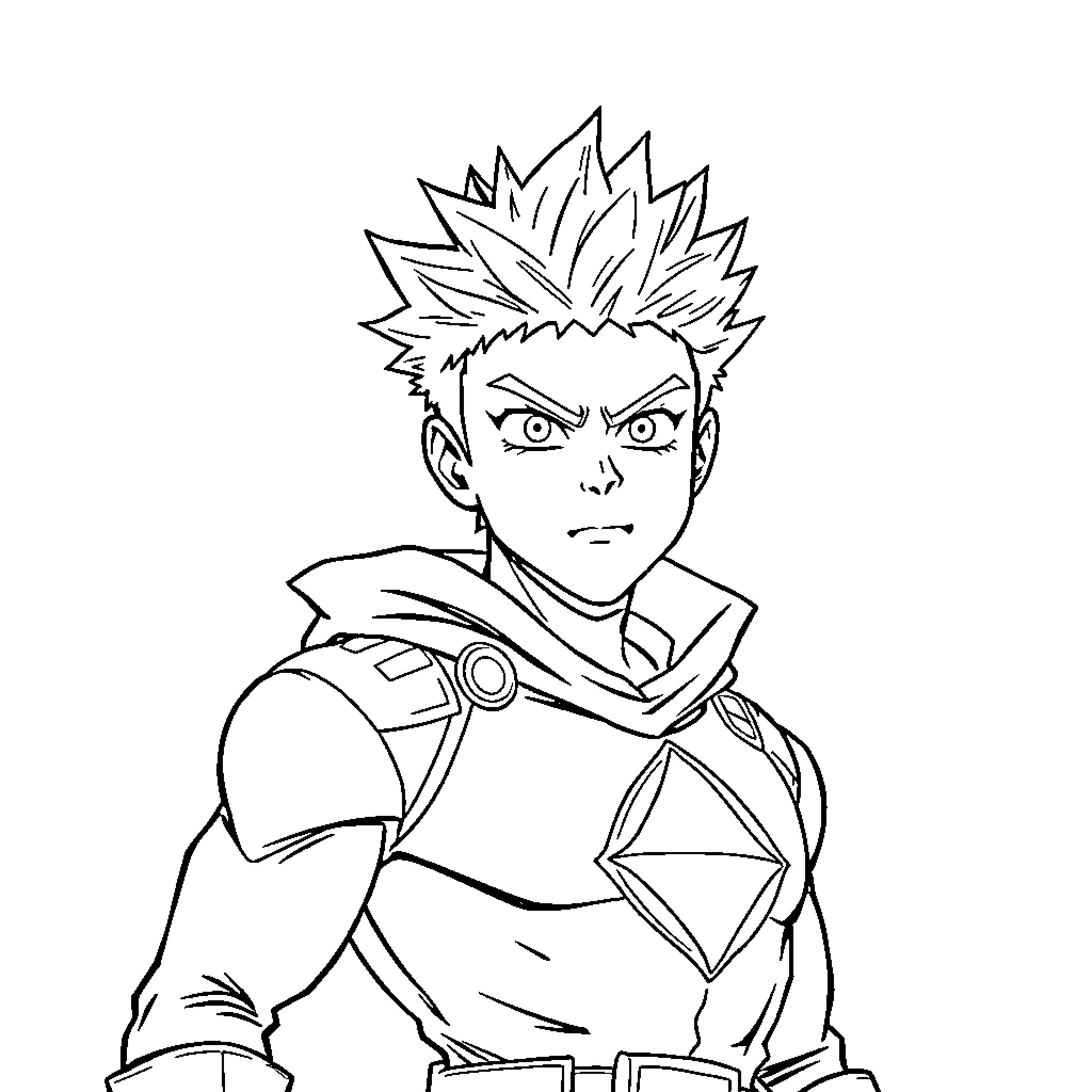 Bakugo in a heroic stance Coloring Page (free black-and-white line drawing printable PDF for all, from beginners to advanced learners, including children, teens, adults, and seniors)