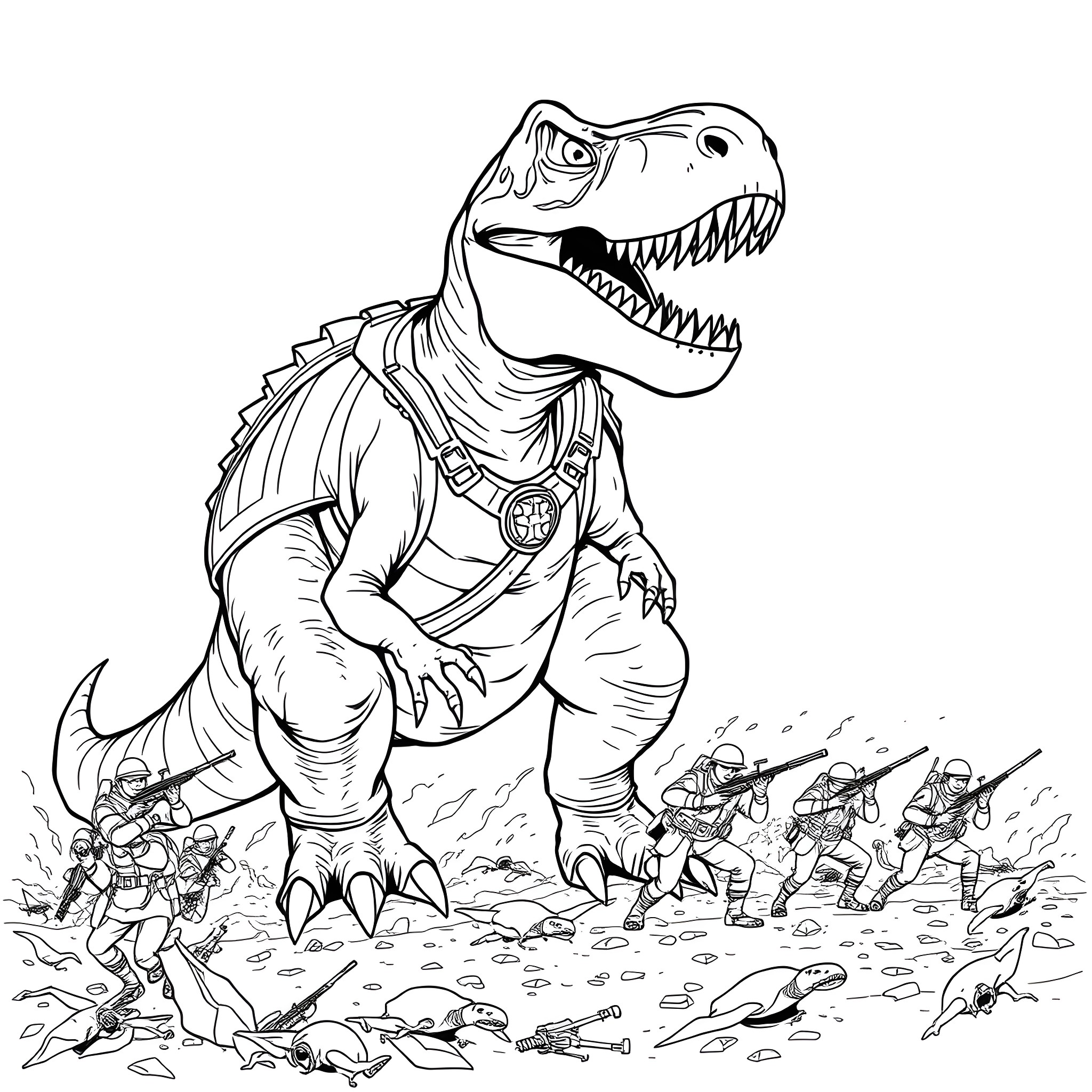 T-Rex Trampling Through the Battlefield Coloring Page (free black-and-white line drawing printable PDF for all, from beginners to advanced learners, including children, teens, adults, and seniors)