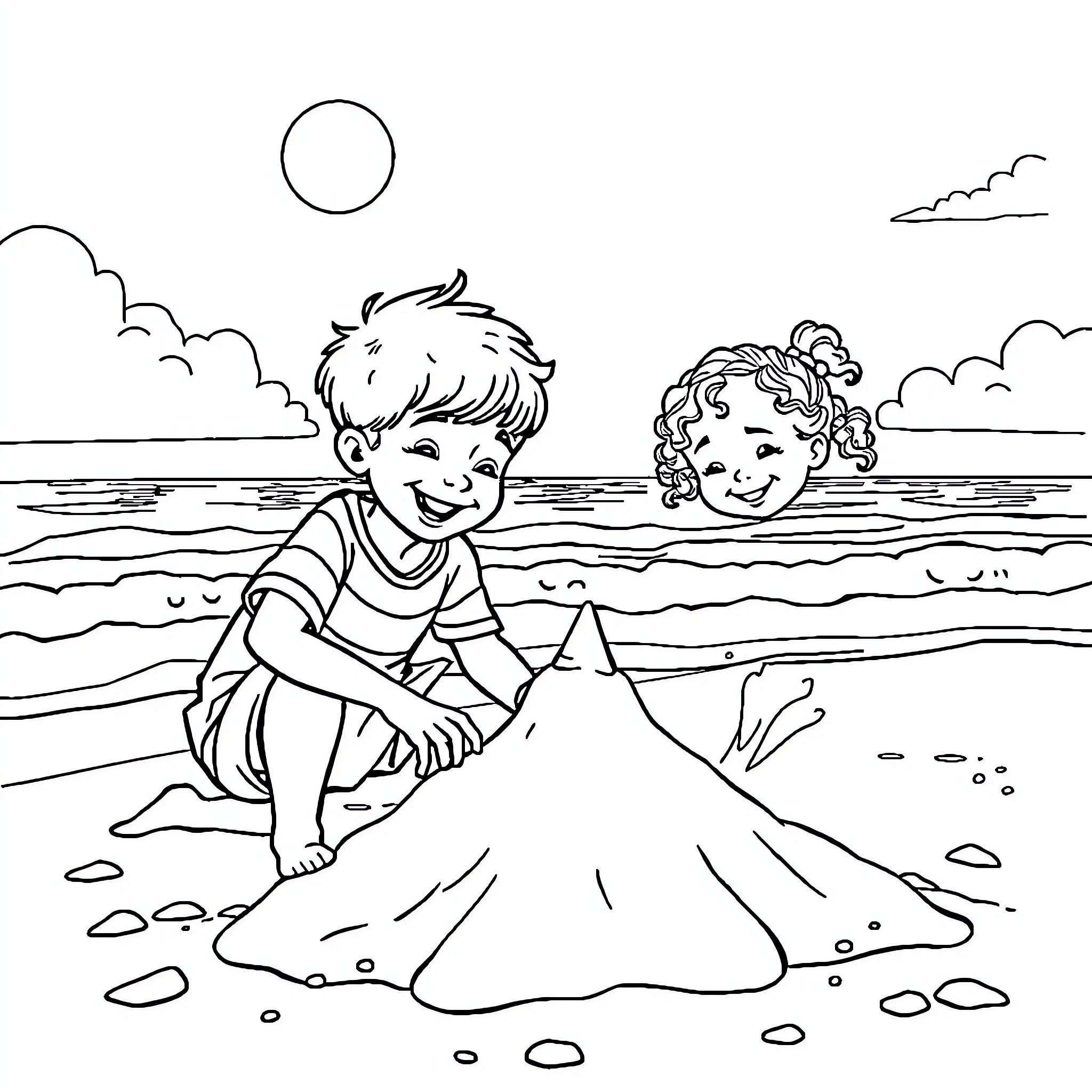 Boy and girl playing with sand at the beach Coloring Page (free black-and-white line drawing printable PDF for all, from beginners to advanced learners, including children, teens, adults, and seniors)