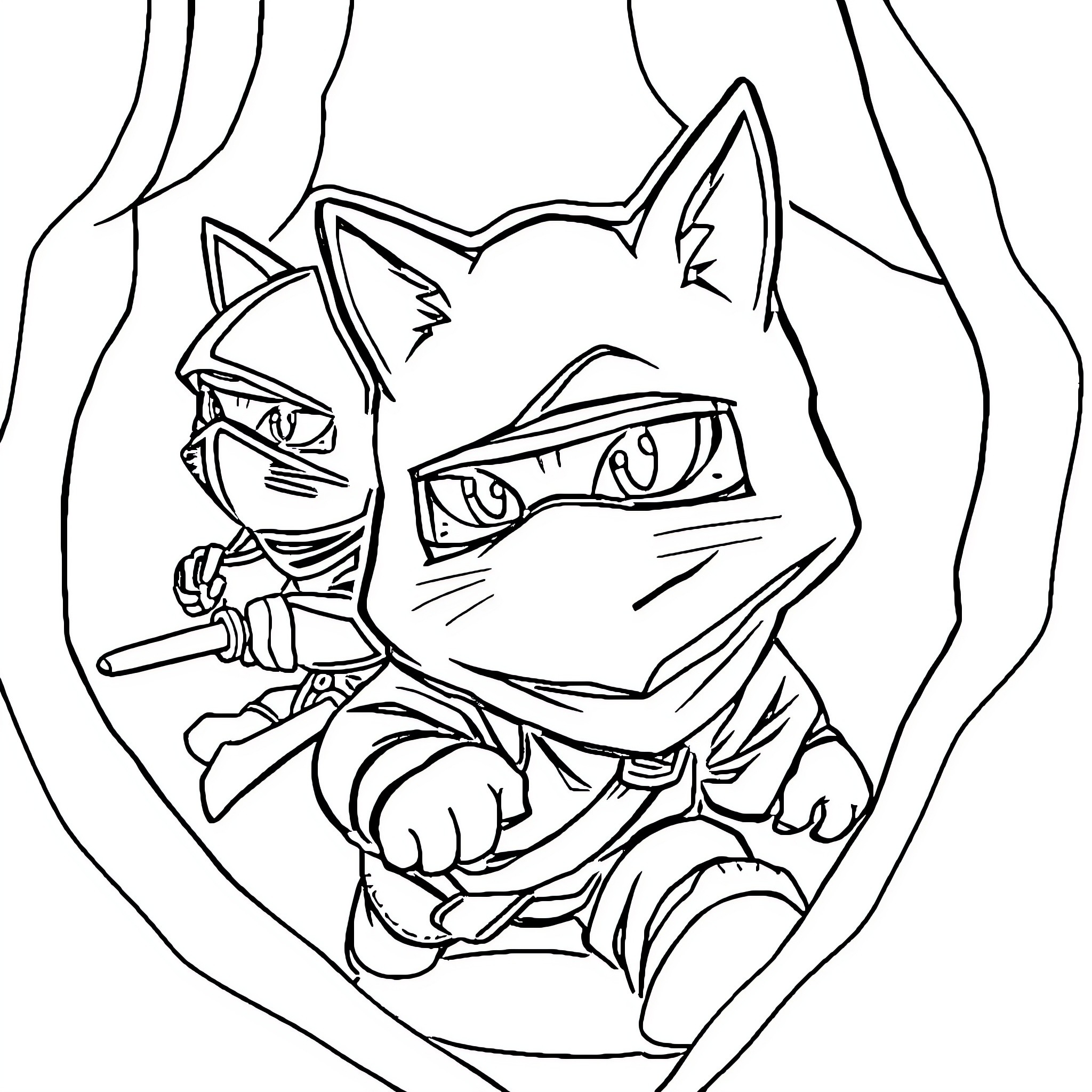 Ninja Cat Swinging Sword in Dramatic Pose Coloring Page (free black-and-white line drawing printable PDF for all, from beginners to advanced learners, including children, teens, adults, and seniors)