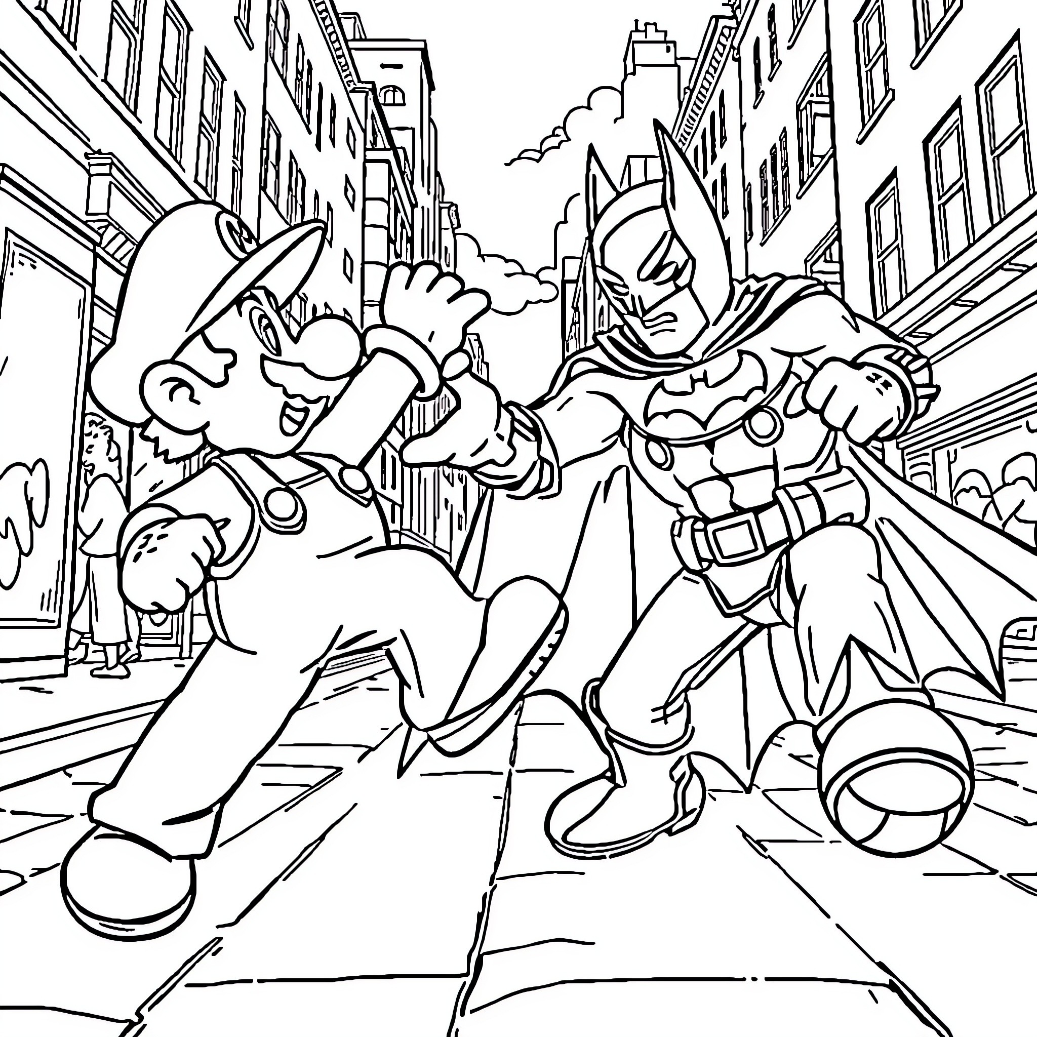 Mario and Batman in a city adventure Coloring Page (free black-and-white line drawing printable PDF for all, from beginners to advanced learners, including children, teens, adults, and seniors)