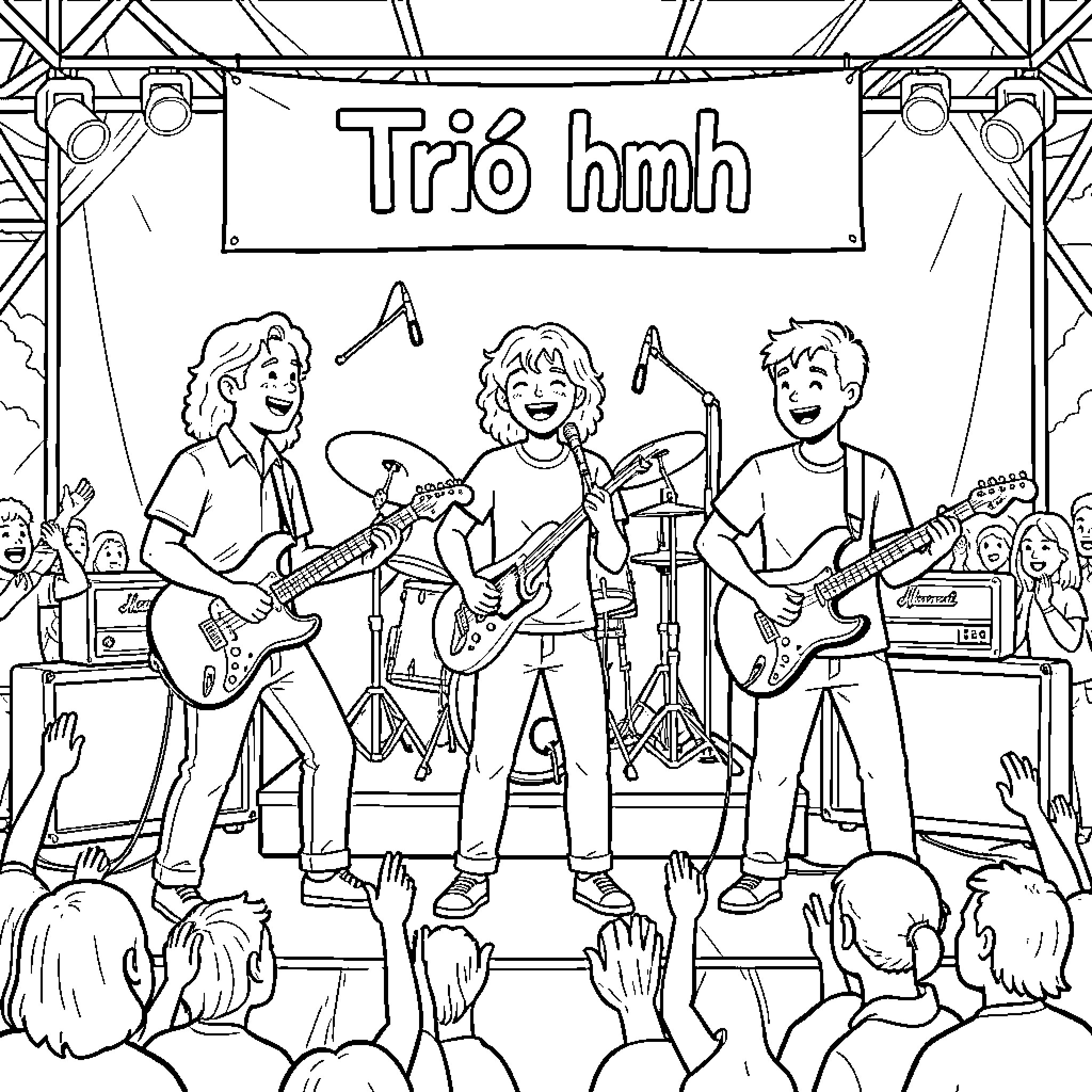 Trio hmh Performing on Stage Coloring Page (free black-and-white line drawing printable PDF for all, from beginners to advanced learners, including children, teens, adults, and seniors)