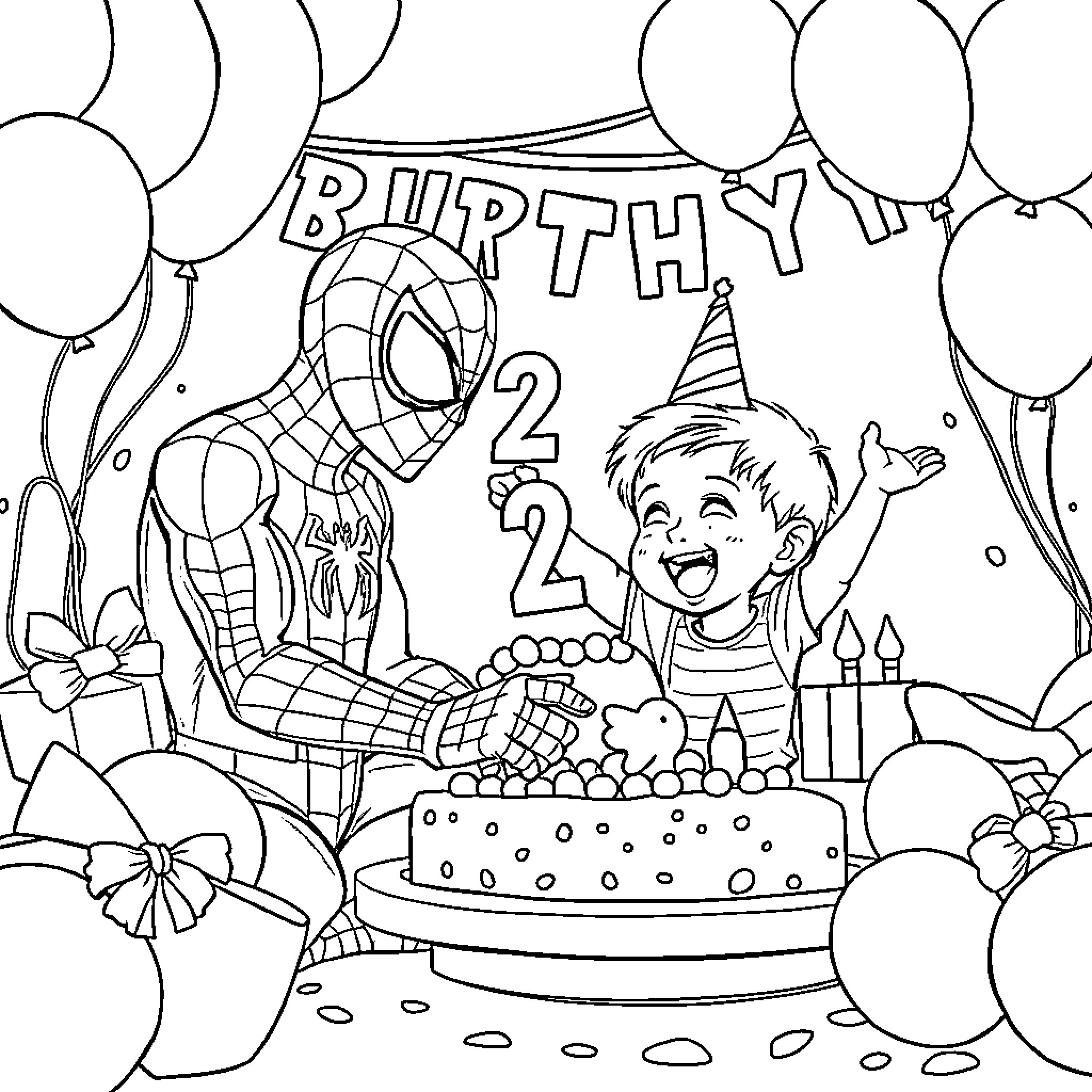 Spiderman celebrating a child's birthday party Coloring Page (free black-and-white line drawing printable PDF for all, from beginners to advanced learners, including children, teens, adults, and seniors)
