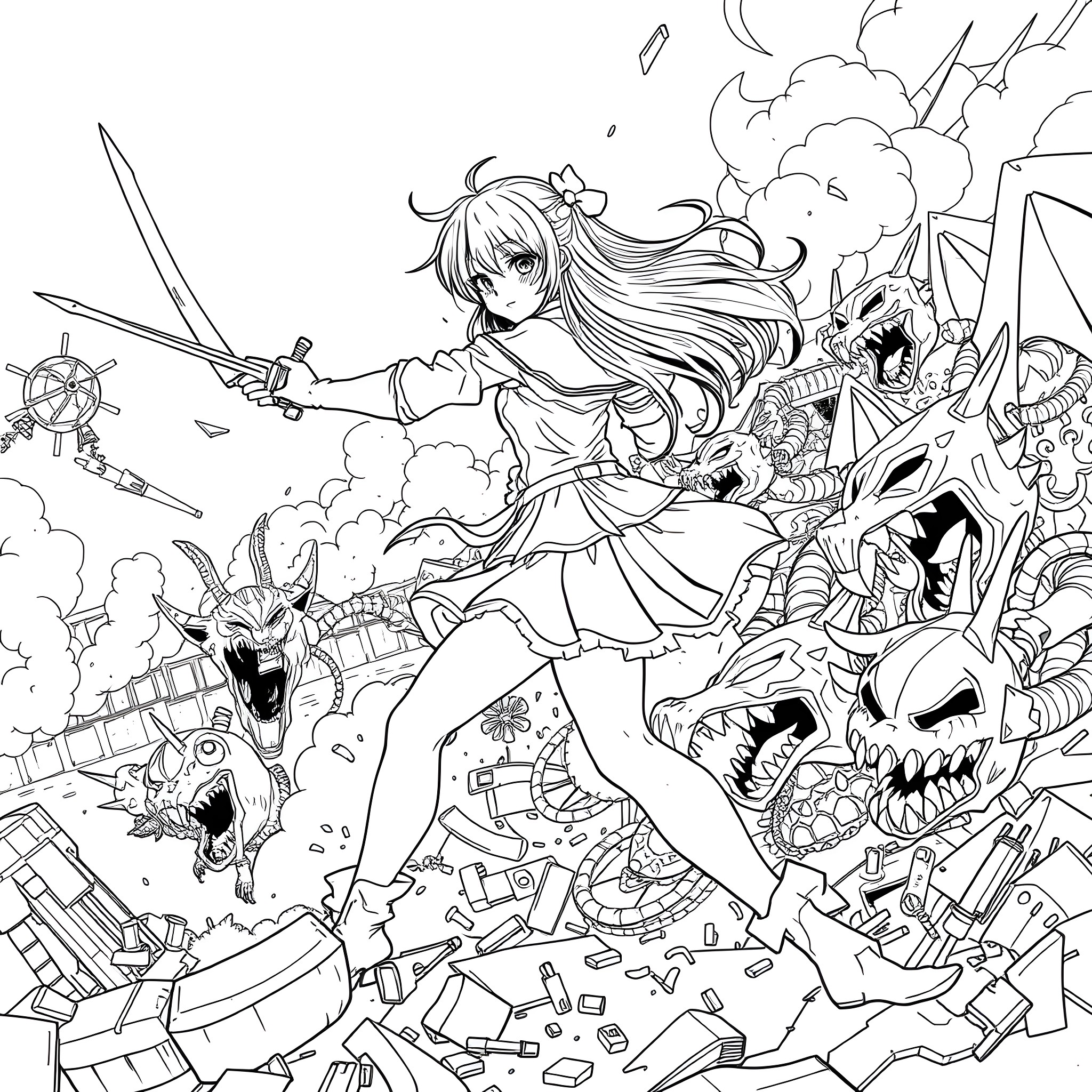 Anime Girl Battles Mythical Creatures in Chaotic Scene Coloring Page (free black-and-white line drawing printable PDF for all, from beginners to advanced learners, including children, teens, adults, and seniors)