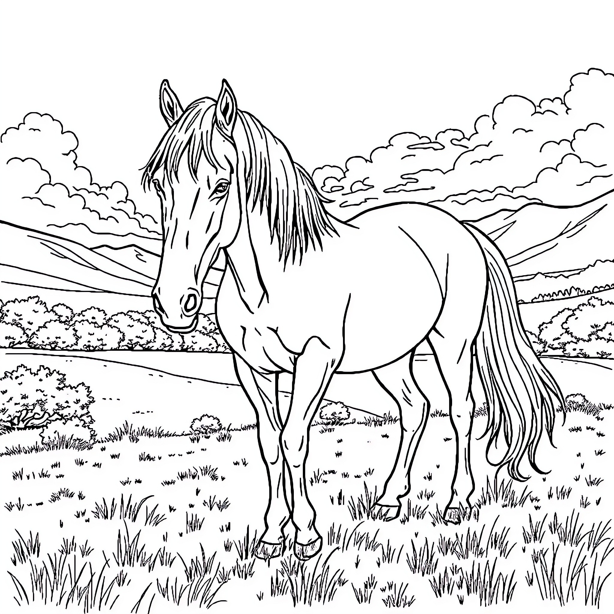 Horse standing in a scenic landscape Coloring Page (free black-and-white line drawing printable PDF for all, from beginners to advanced learners, including children, teens, adults, and seniors)