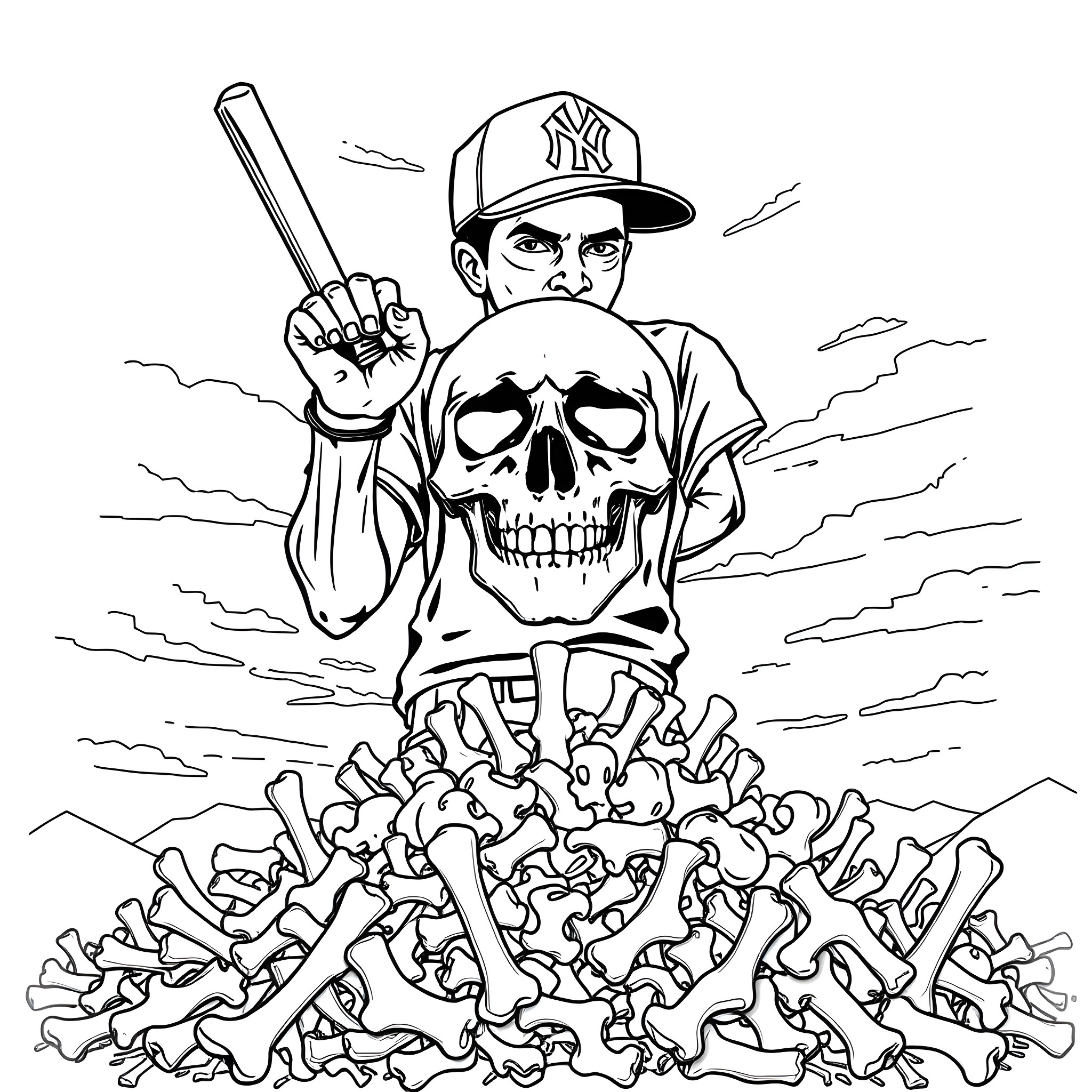 Francisco Lindor Standing Atop Pile of Skeleton Bones Coloring Page (free black-and-white line drawing printable PDF for all, from beginners to advanced learners, including children, teens, adults, and seniors)