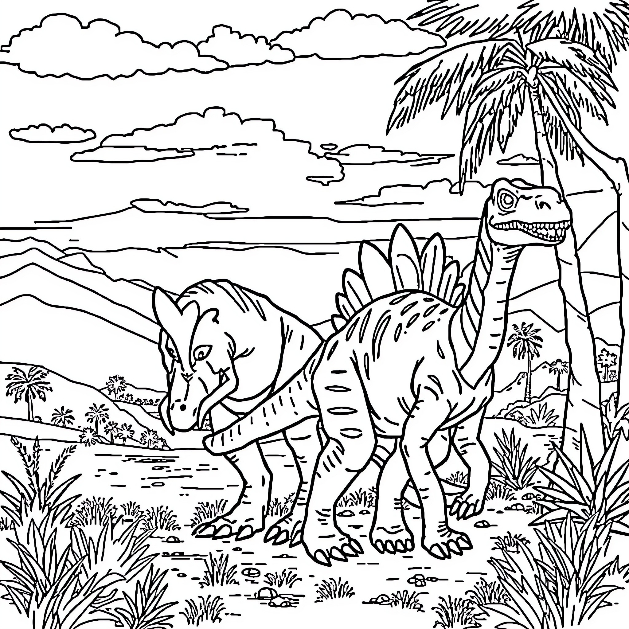 Raptors exploring lush prehistoric landscape Coloring Page (free black-and-white line drawing printable PDF for all, from beginners to advanced learners, including children, teens, adults, and seniors)