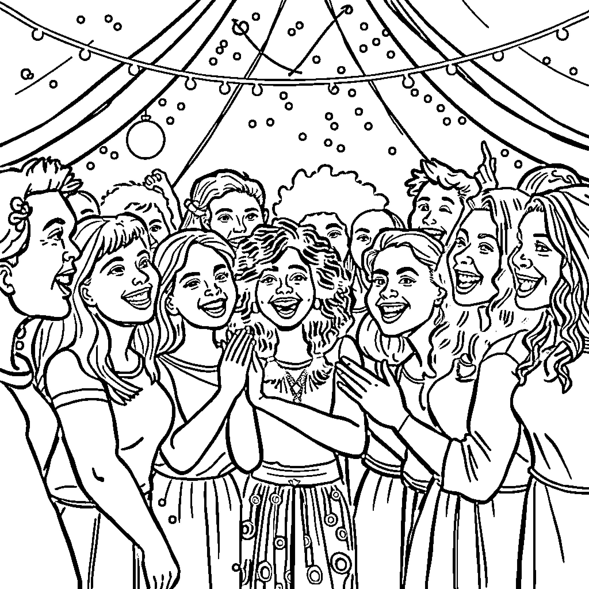 Bbw group of friends celebrating joyfully Coloring Page (free black-and-white line drawing printable PDF for all, from beginners to advanced learners, including children, teens, adults, and seniors)