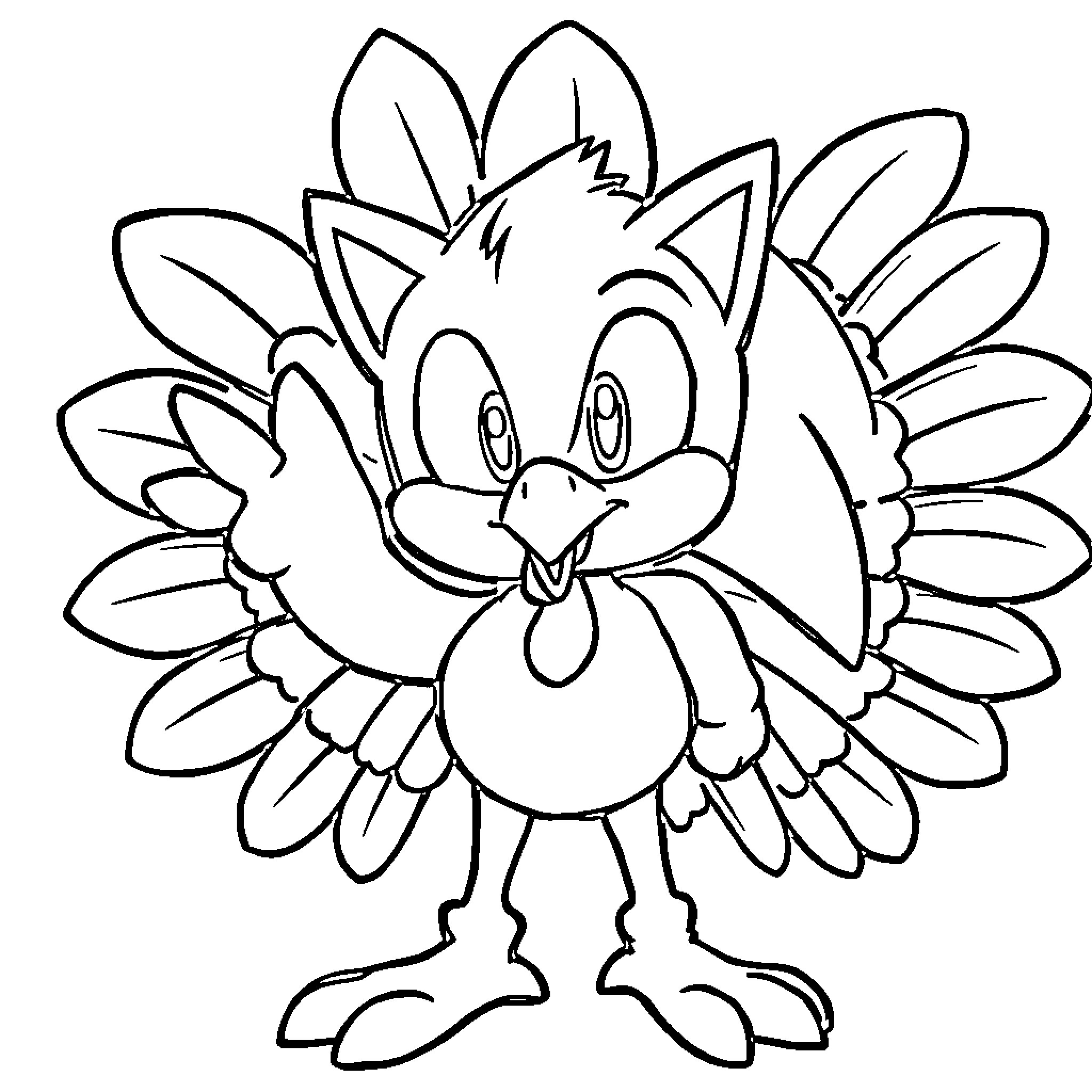 Turkey with happy expression and colorful feathers Coloring Page (free black-and-white line drawing printable PDF for all, from beginners to advanced learners, including children, teens, adults, and seniors)
