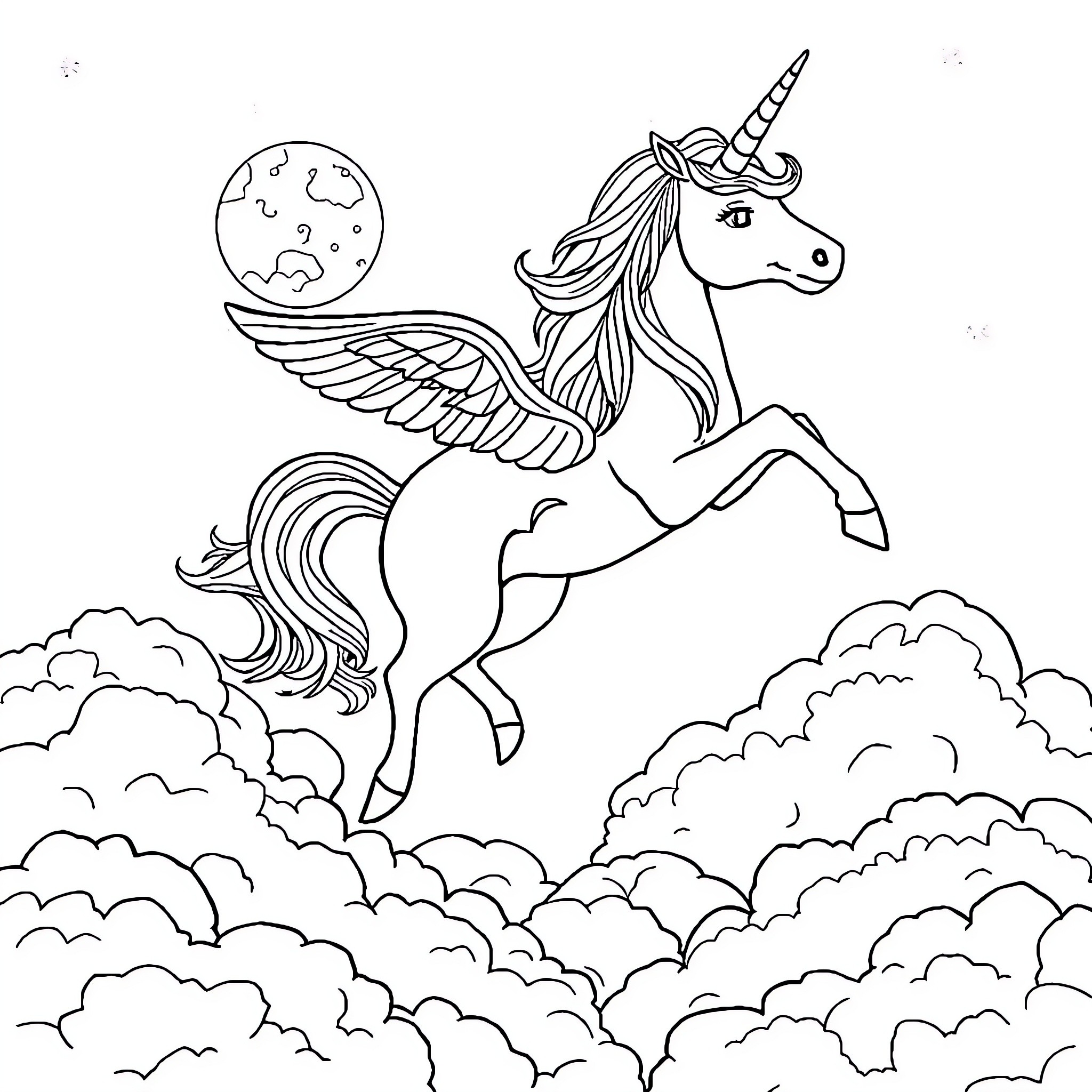 Unicorn soaring through the clouds with wings Coloring Page (free black-and-white line drawing printable PDF for all, from beginners to advanced learners, including children, teens, adults, and seniors)
