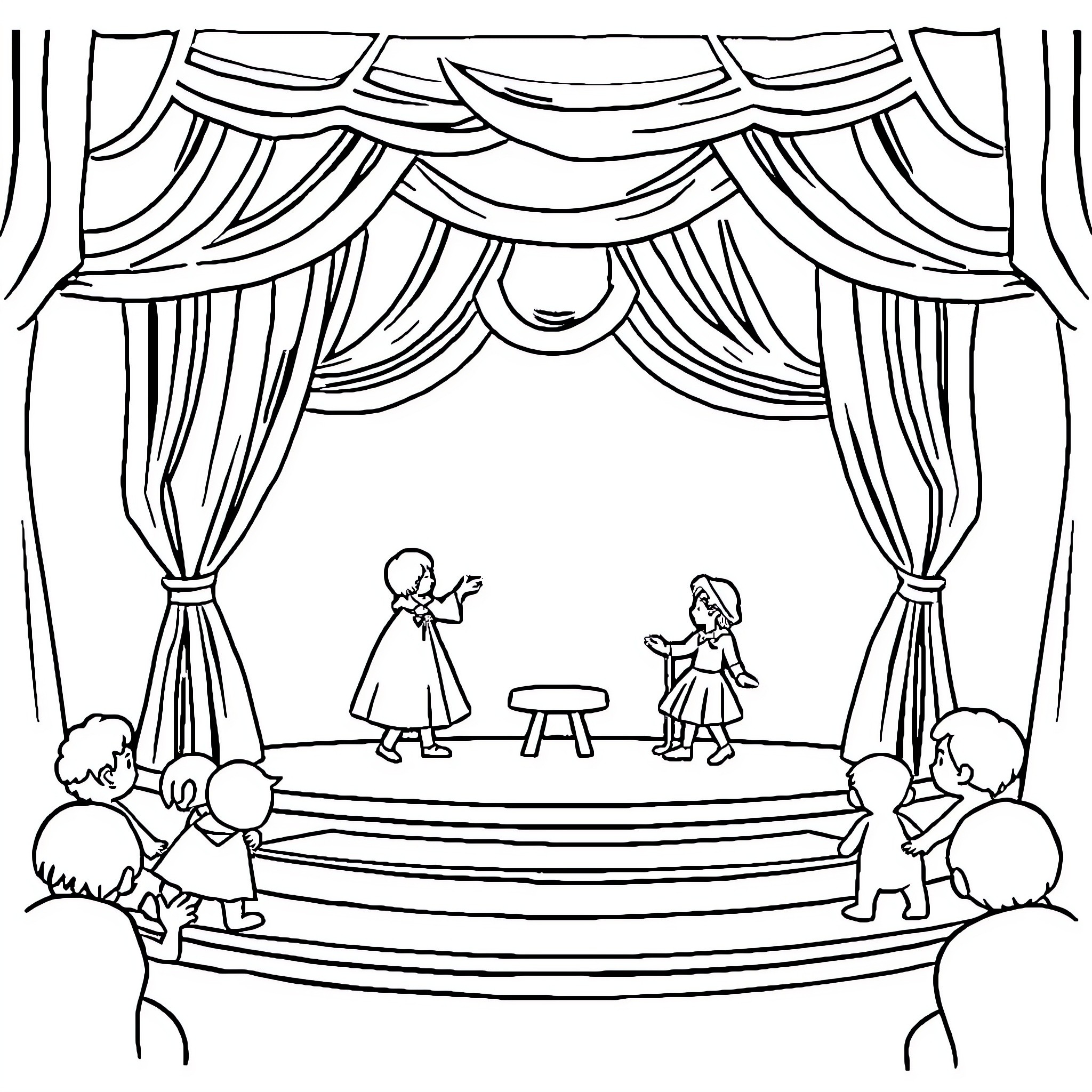 Playtime on the Stage Coloring Page (free black-and-white line drawing printable PDF for all, from beginners to advanced learners, including children, teens, adults, and seniors)