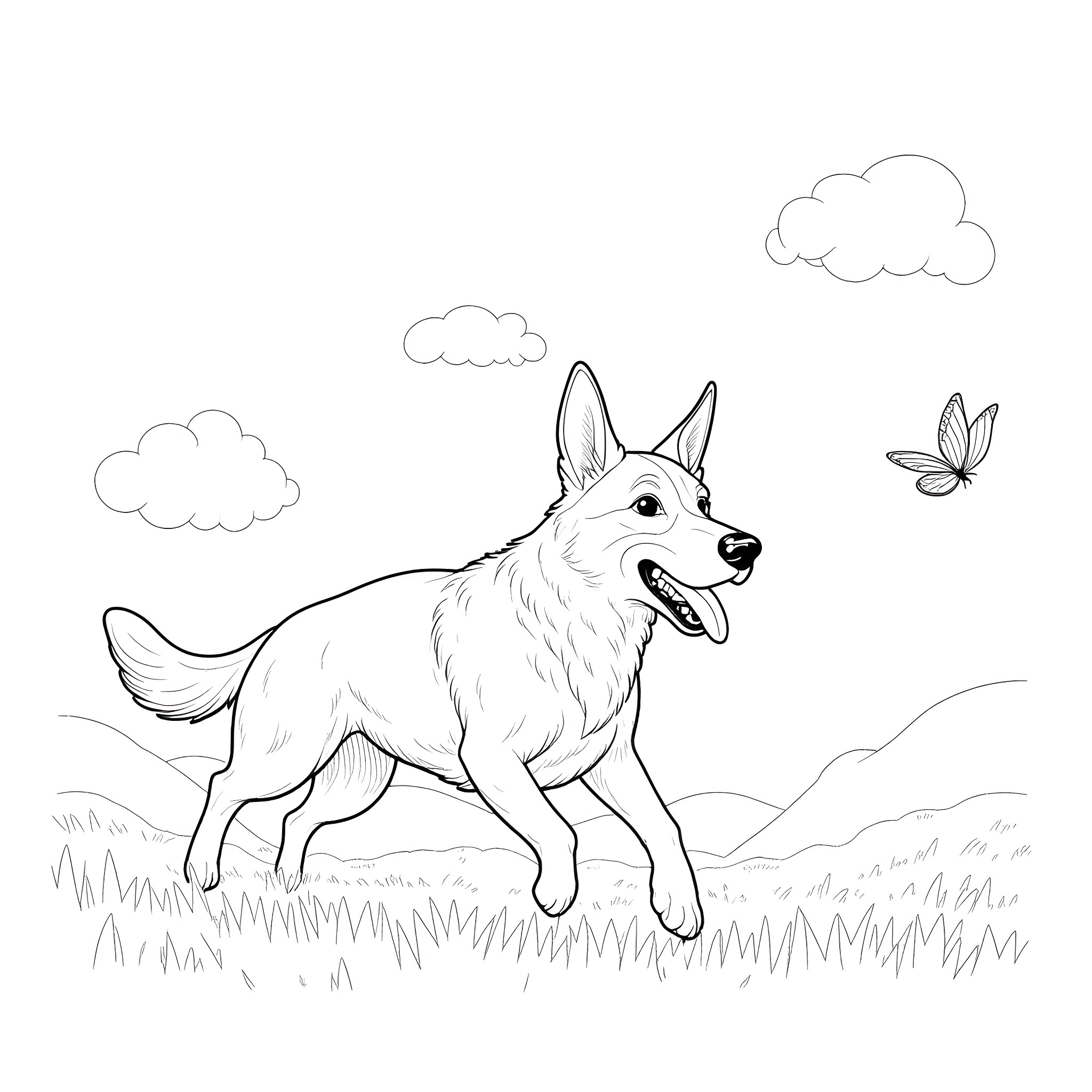 German Shepherd playing happily in the meadow Coloring Page (free black-and-white line drawing printable PDF for all, from beginners to advanced learners, including children, teens, adults, and seniors)