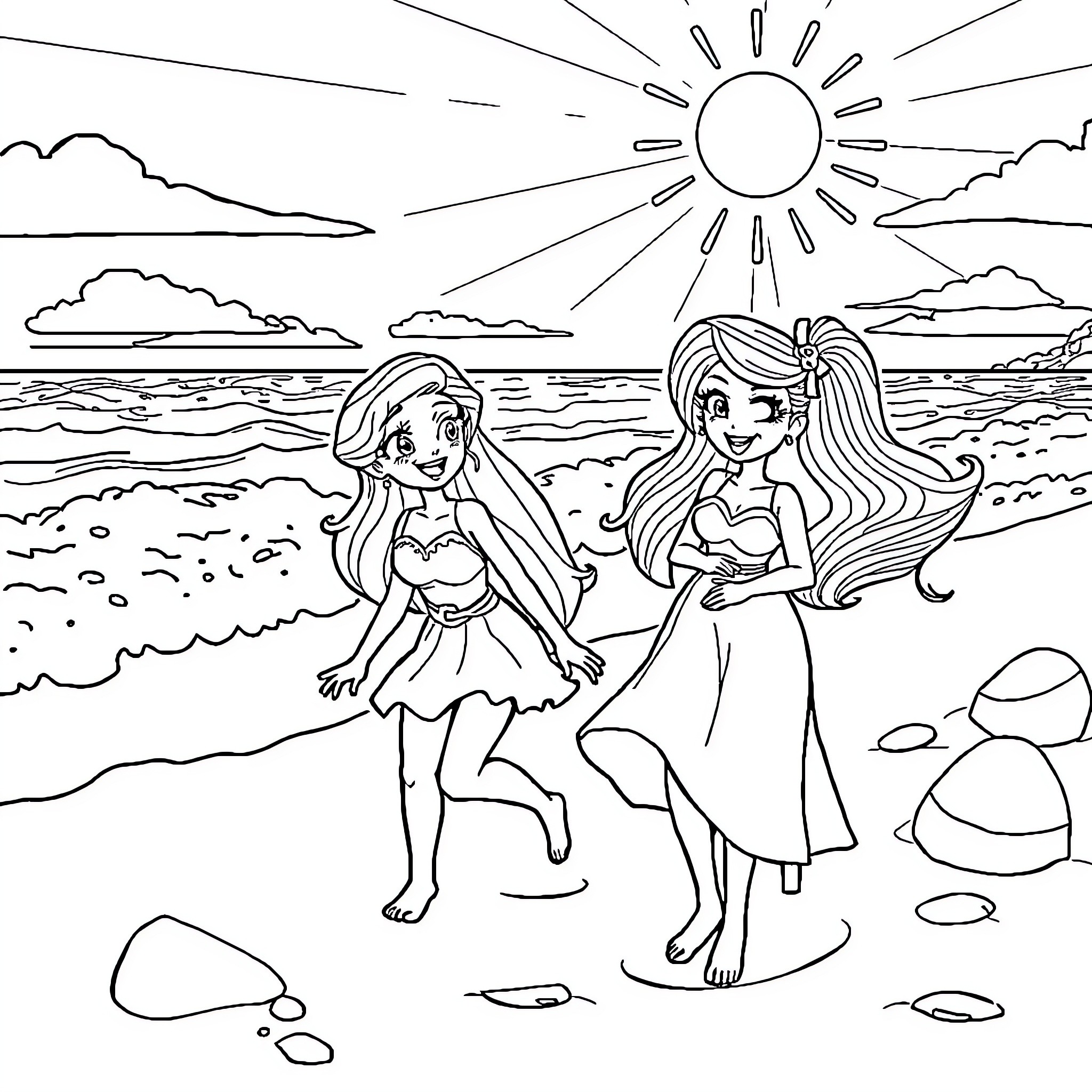 Arcee friends explore beachside adventure Coloring Page (free black-and-white line drawing printable PDF for all, from beginners to advanced learners, including children, teens, adults, and seniors)