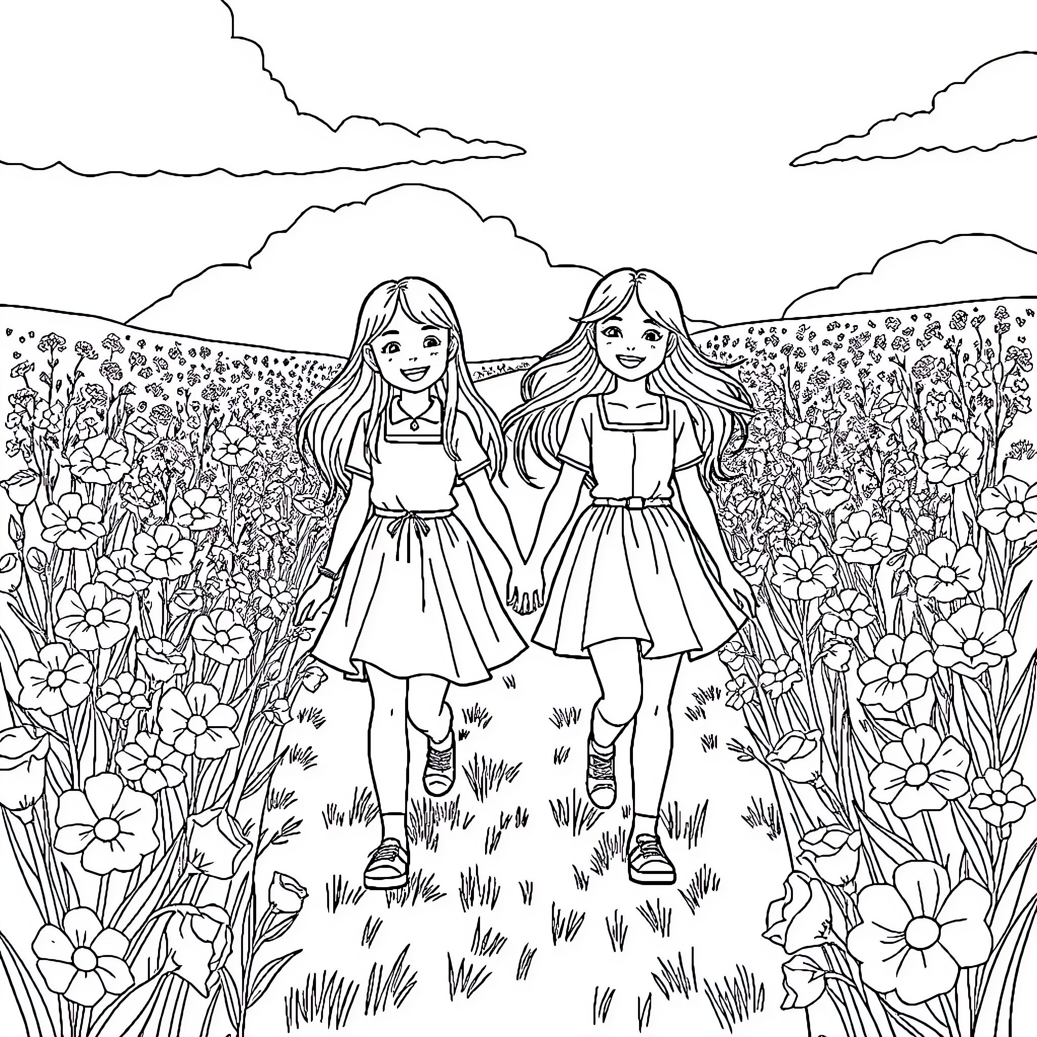Girls enjoying a scenic flower-filled field Coloring Page (free black-and-white line drawing printable PDF for all, from beginners to advanced learners, including children, teens, adults, and seniors)
