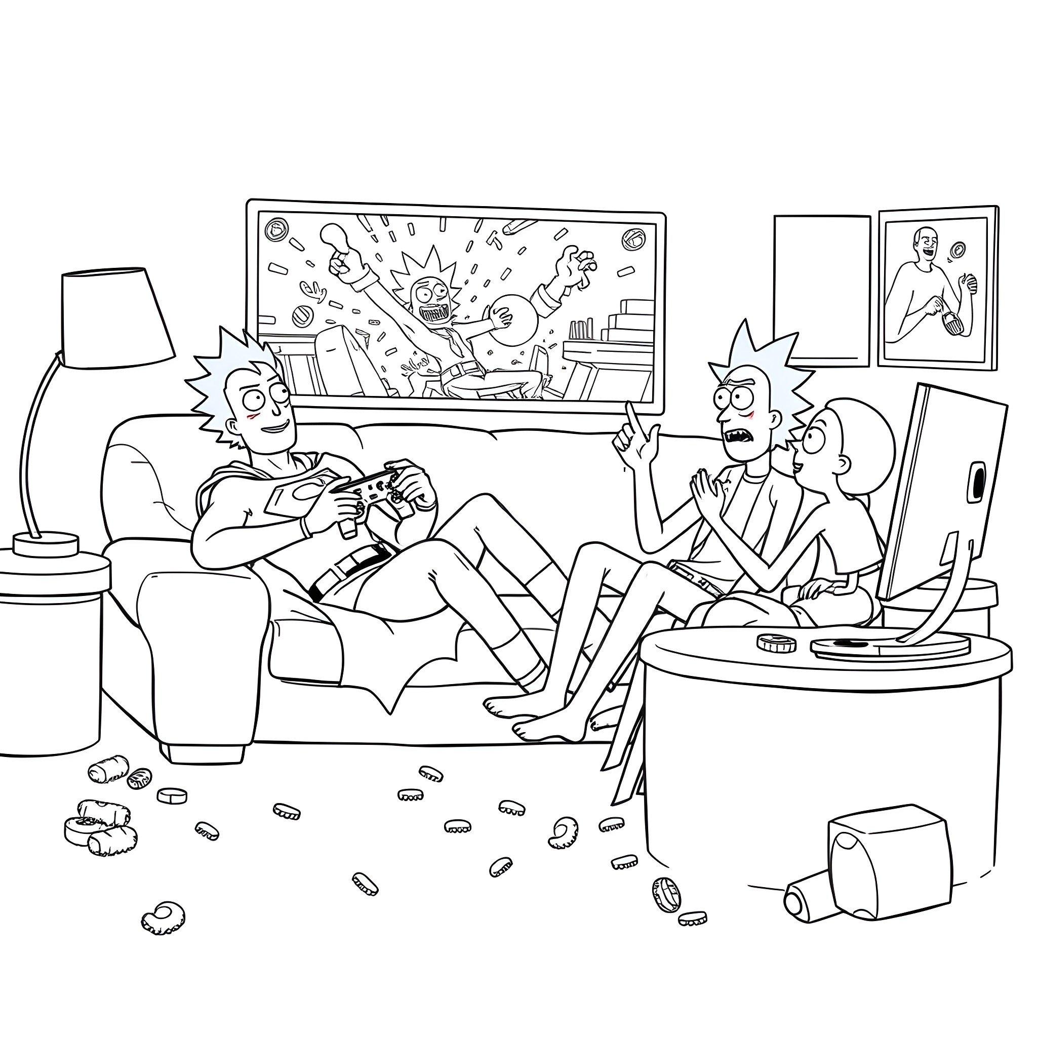 Superman gaming with friends in a messy living room Coloring Page (free black-and-white line drawing printable PDF for all, from beginners to advanced learners, including children, teens, adults, and seniors)