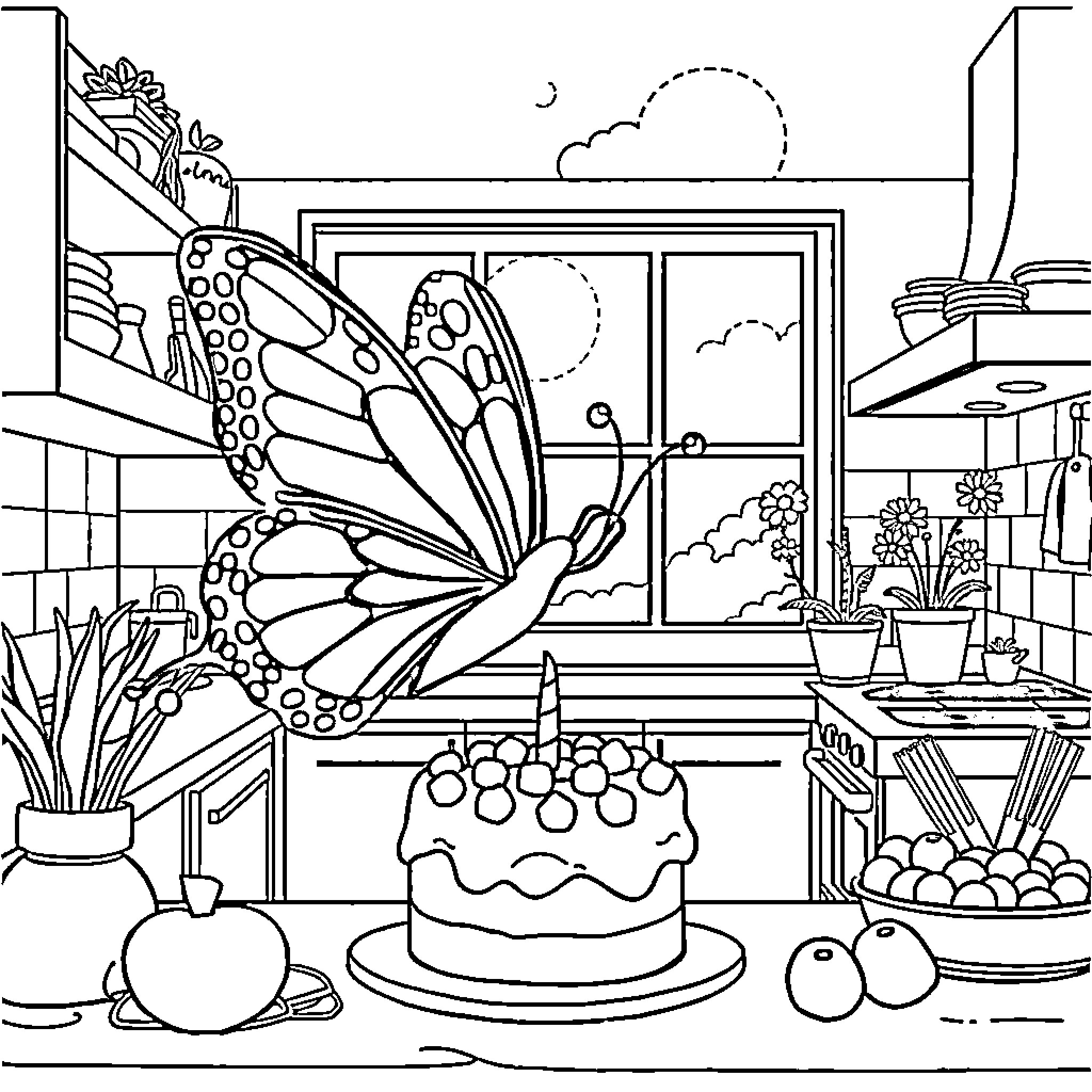 Butterfly decorating a birthday cake in a cozy kitchen Coloring Page (free black-and-white line drawing printable PDF for all, from beginners to advanced learners, including children, teens, adults, and seniors)