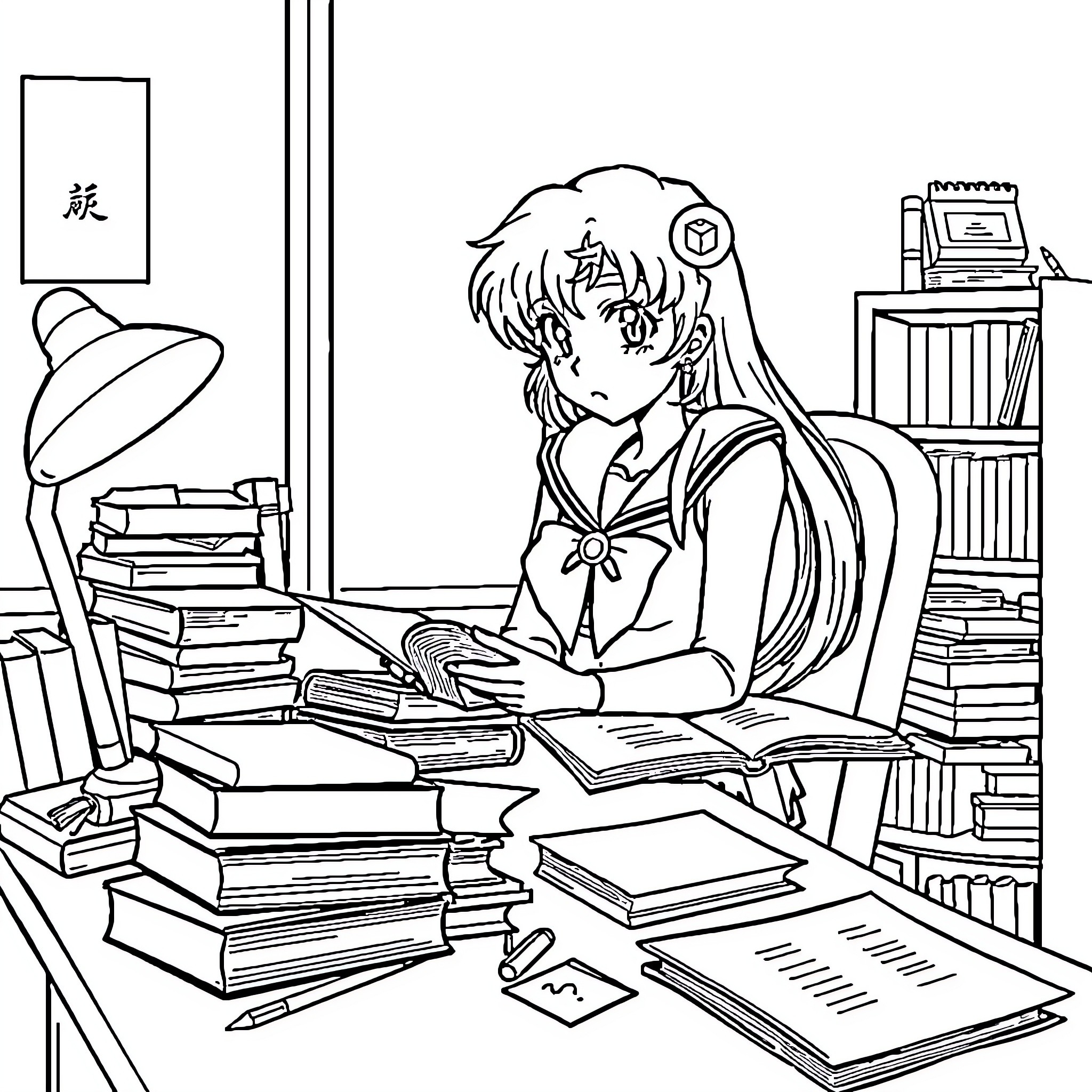 Sailor Mercury studying diligently in her room Coloring Page (free black-and-white line drawing printable PDF for all, from beginners to advanced learners, including children, teens, adults, and seniors)