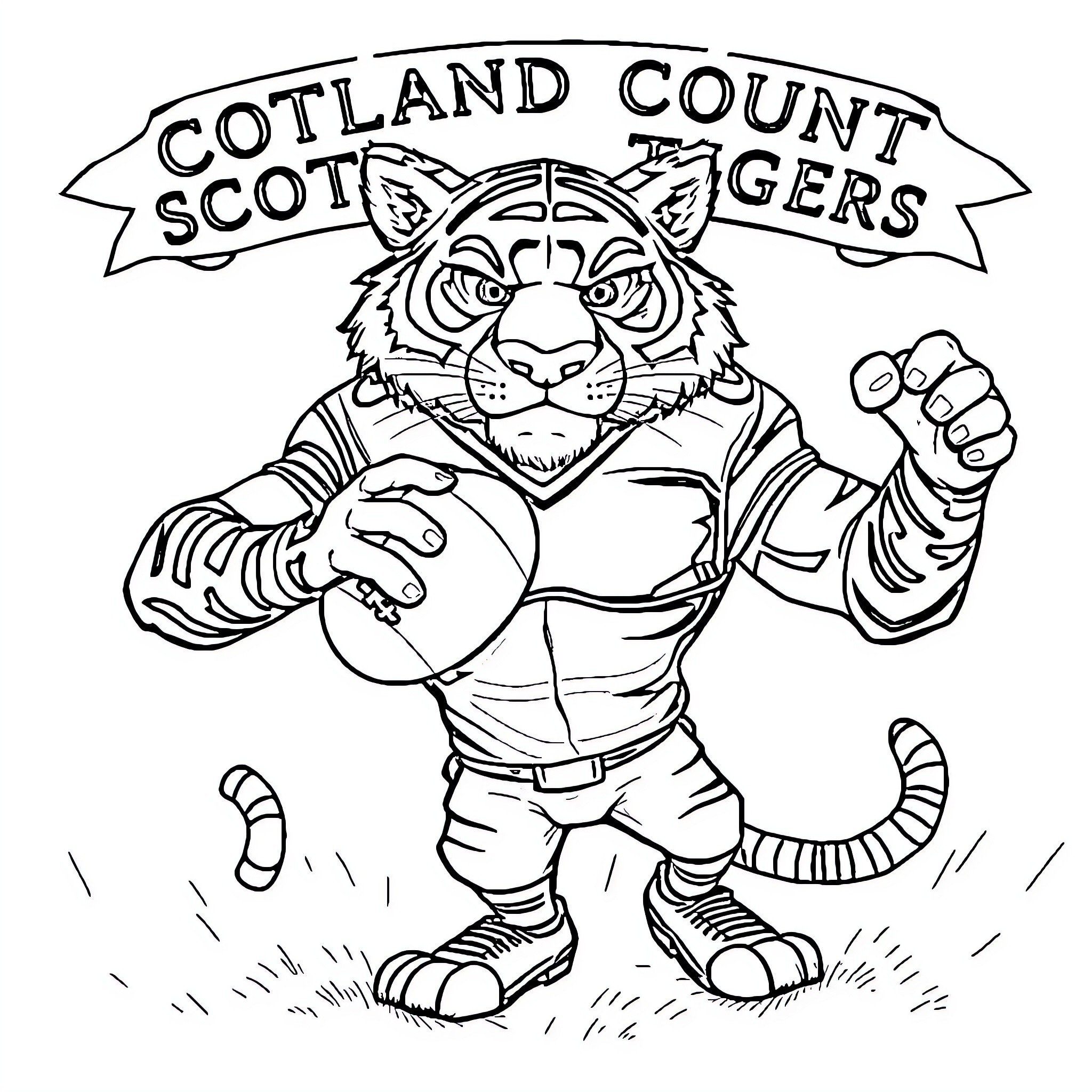 Tiger Mascot Proudly Representing Cotland Count Tigers Coloring Page (free black-and-white line drawing printable PDF for all, from beginners to advanced learners, including children, teens, adults, and seniors)