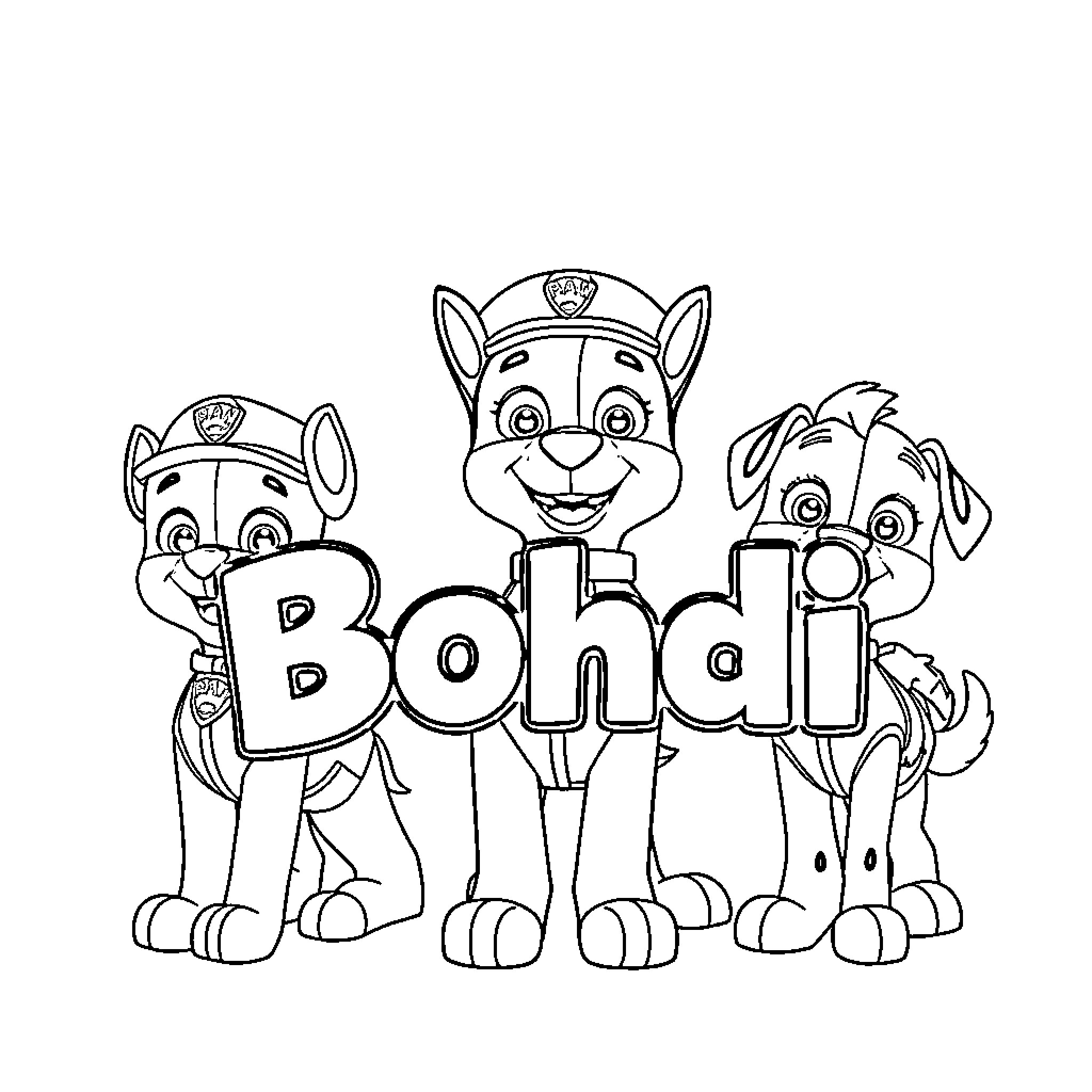 Paw Patrol Pups Forming the Word 'Bohdi' Coloring Page (free black-and-white line drawing printable PDF for all, from beginners to advanced learners, including children, teens, adults, and seniors)
