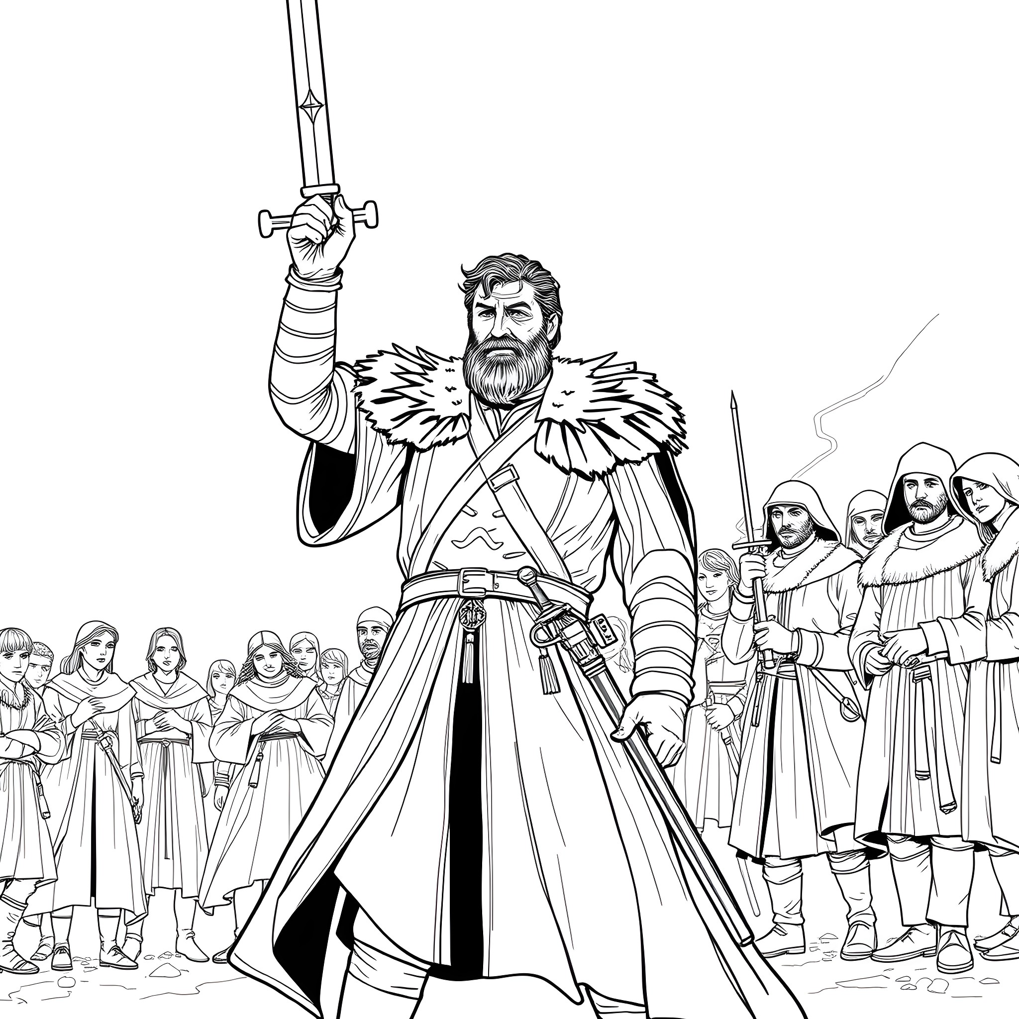 Ned Stark leading his men in battle Coloring Page (free black-and-white line drawing printable PDF for all, from beginners to advanced learners, including children, teens, adults, and seniors)