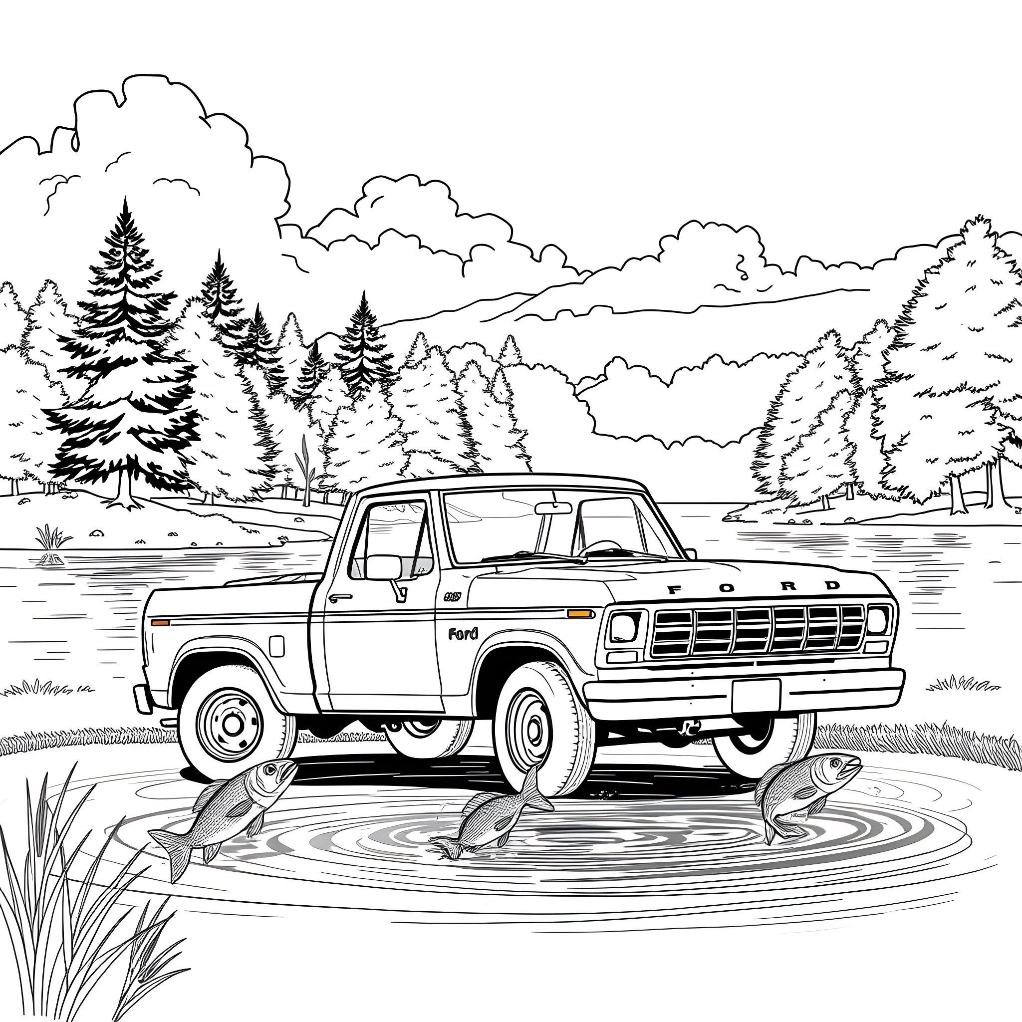 Ford Pickup truck driving through flooded forest Coloring Page (free black-and-white line drawing printable PDF for all, from beginners to advanced learners, including children, teens, adults, and seniors)