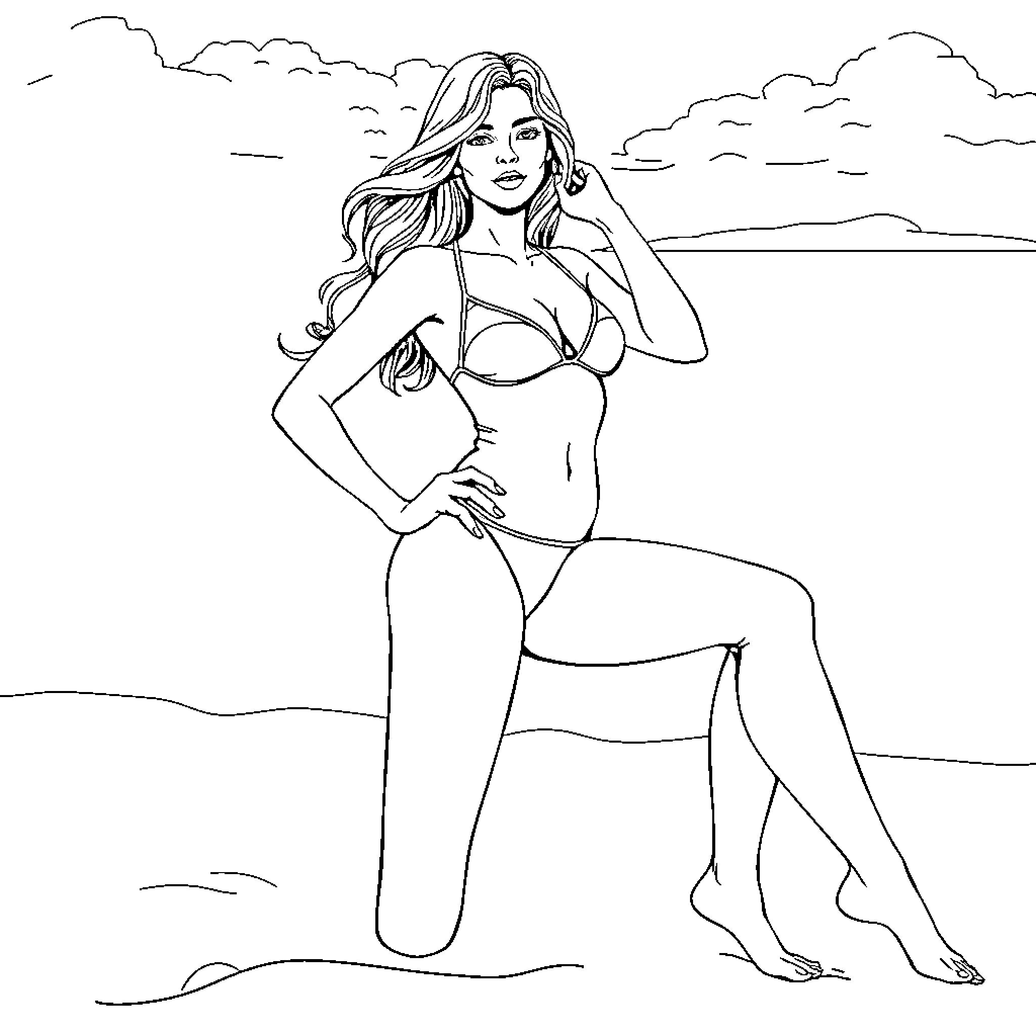 Female Model Posing Confidently in Swimsuit by the Beach Coloring Page (free black-and-white line drawing printable PDF for all, from beginners to advanced learners, including children, teens, adults, and seniors)