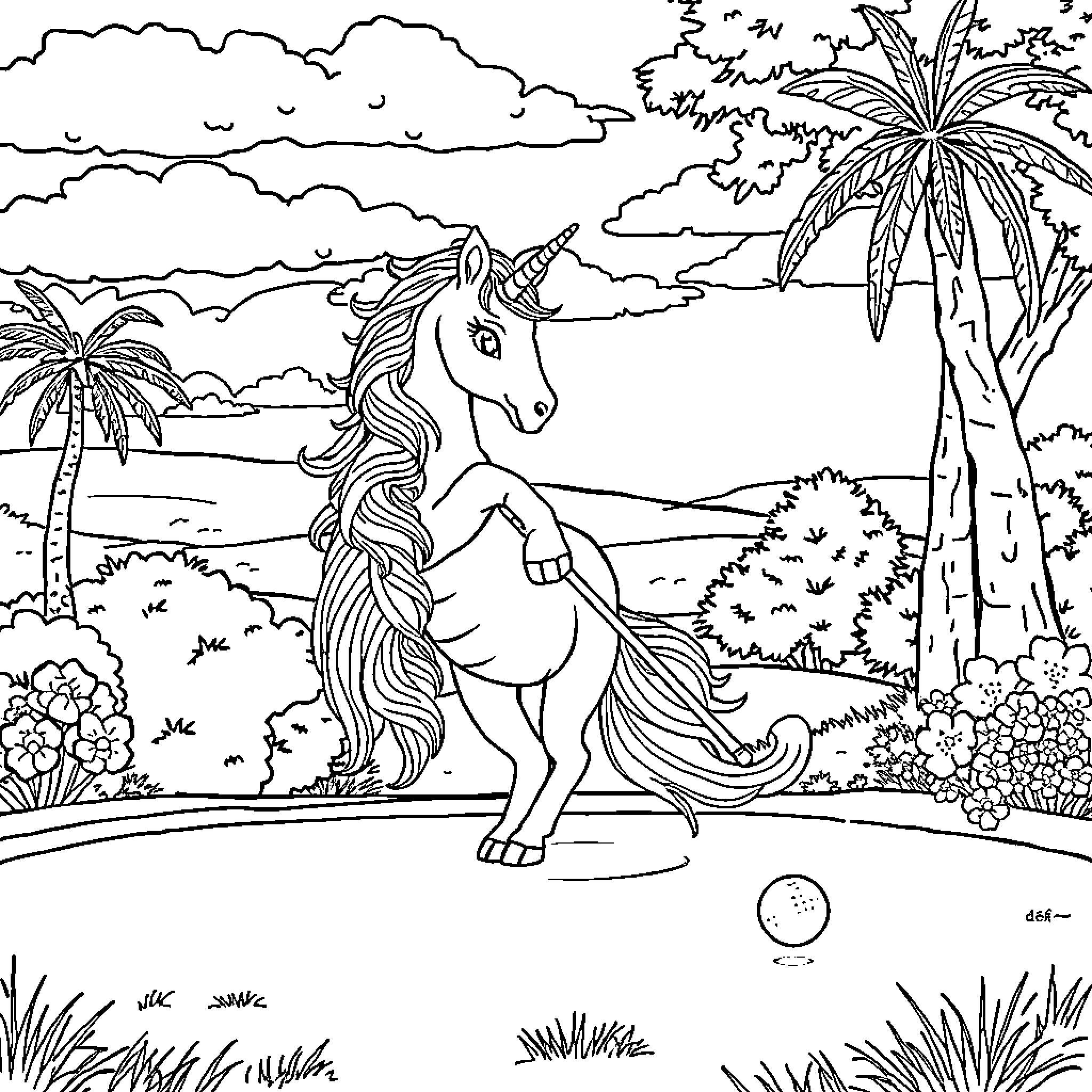 Unicorn Exploring Tropical Paradise Coloring Page (free black-and-white line drawing printable PDF for all, from beginners to advanced learners, including children, teens, adults, and seniors)