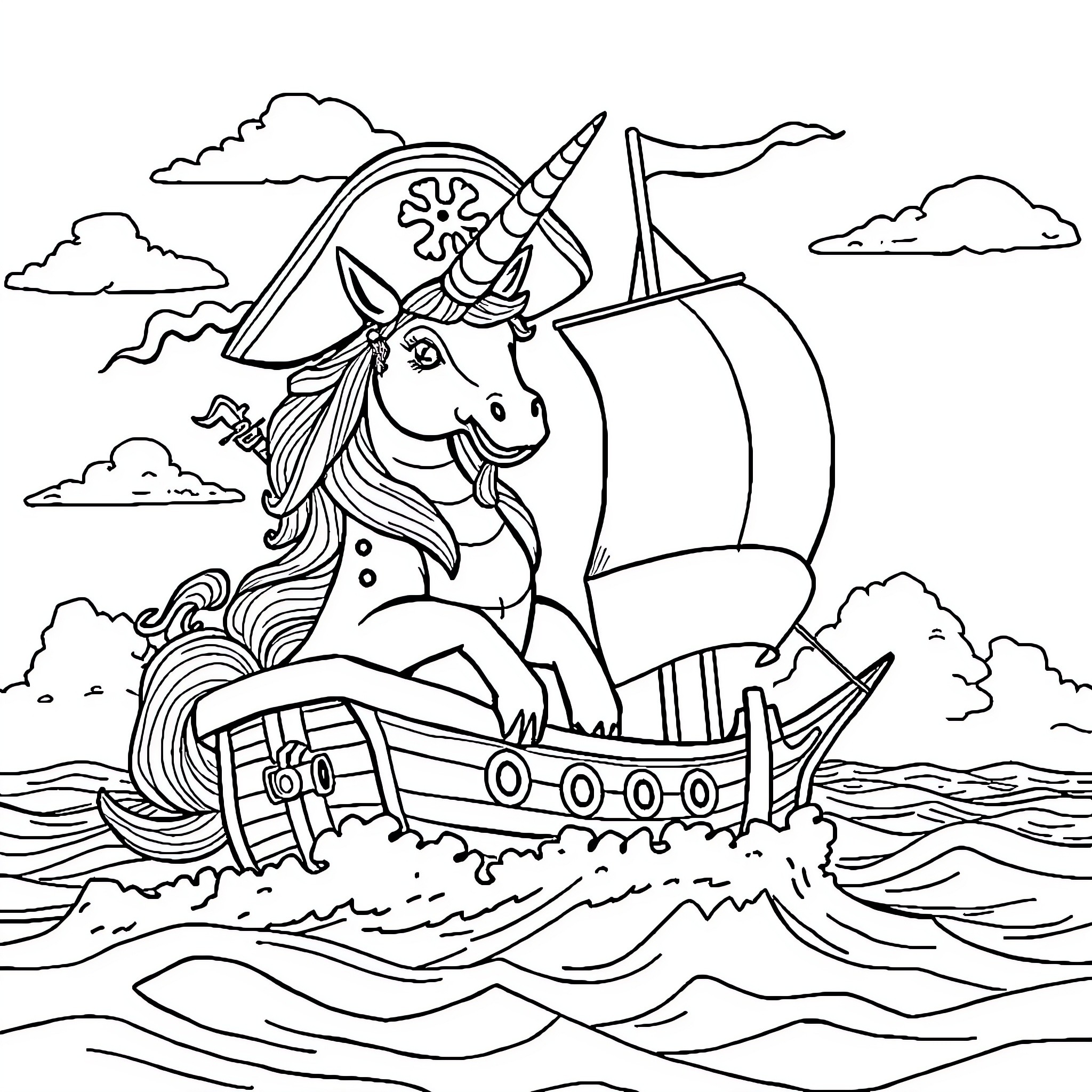 Unicorn Sailing Majestic Ship on Enchanted Sea Coloring Page (free black-and-white line drawing printable PDF for all, from beginners to advanced learners, including children, teens, adults, and seniors)